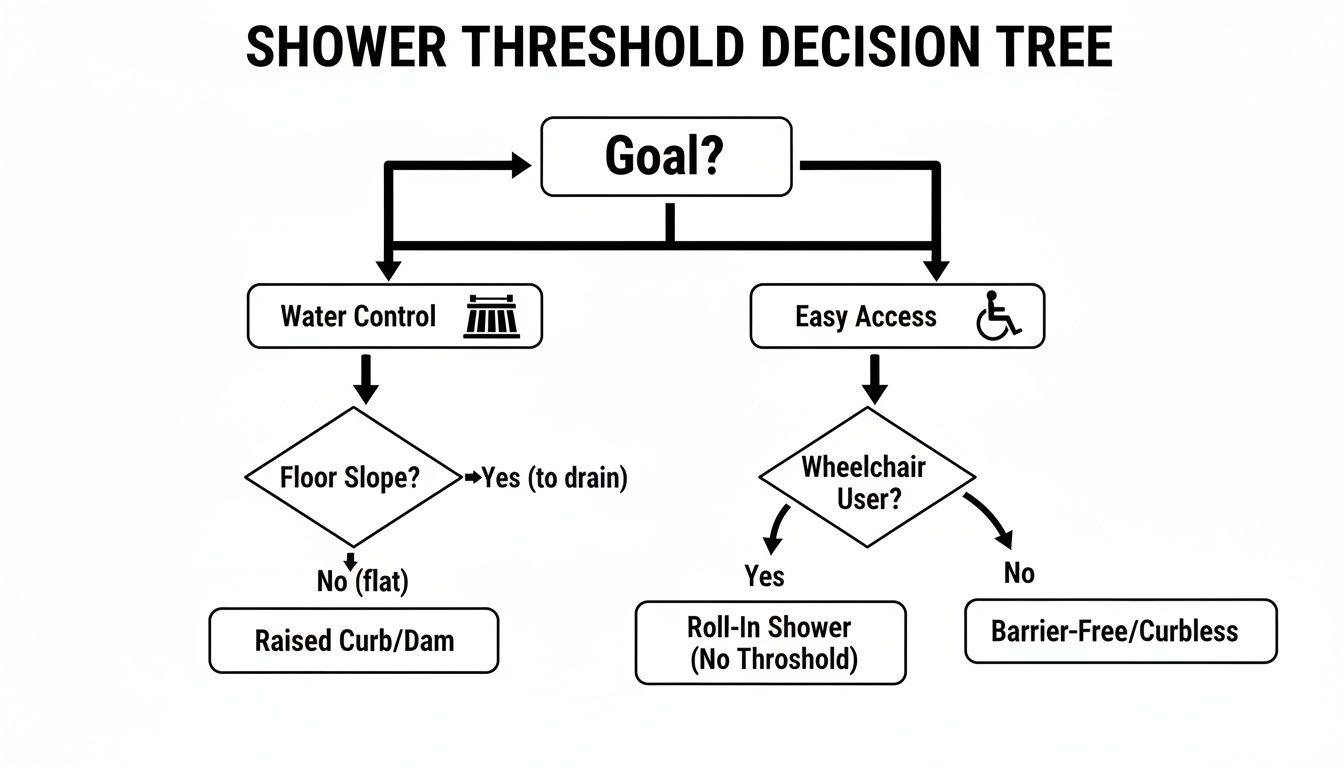 A decision tree illustrating choices for shower thresholds based on water control or easy access goals.