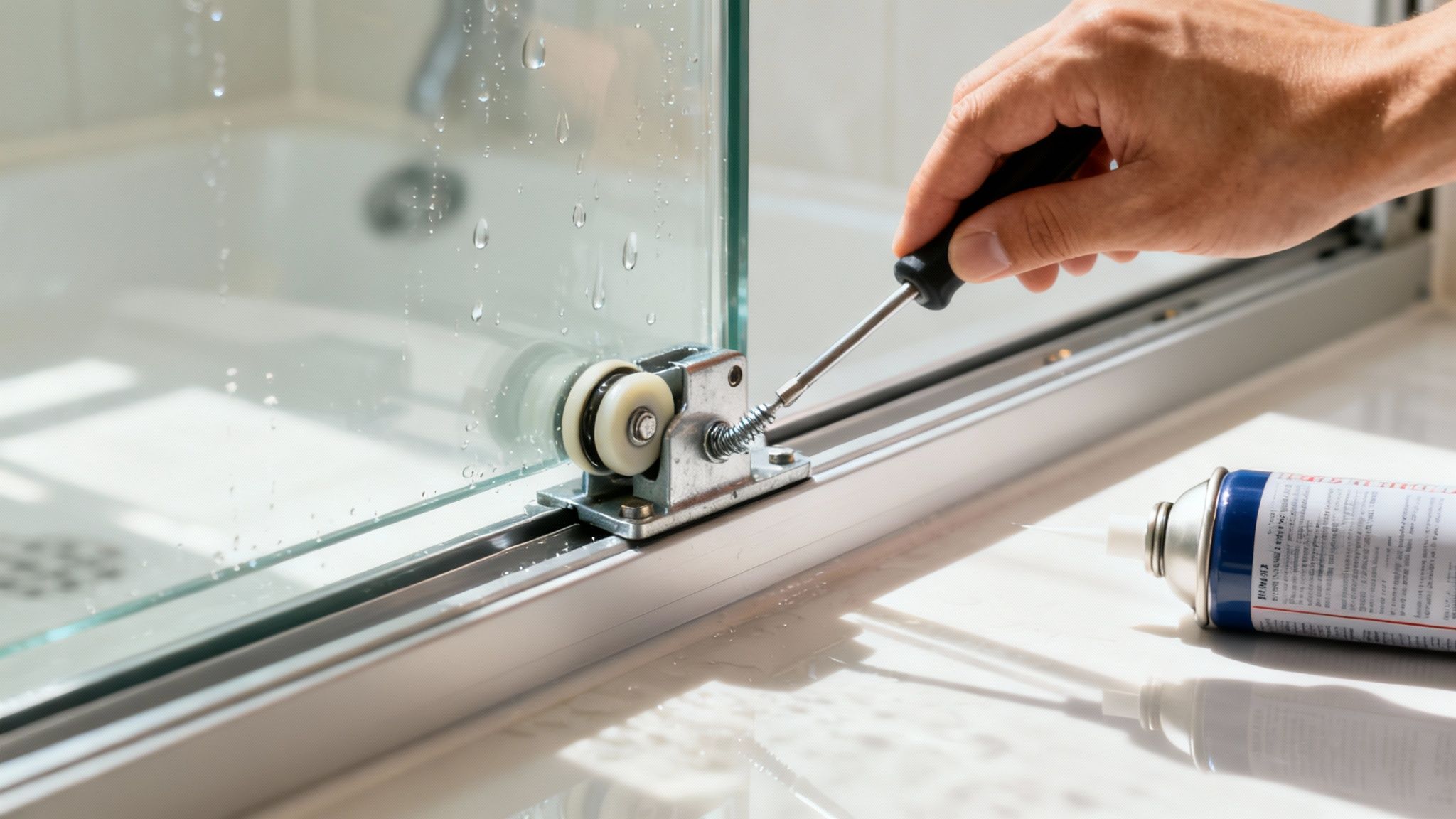 A hand uses a screwdriver to adjust a roller mechanism on a wet glass sliding shower door, next to a lubricant can.