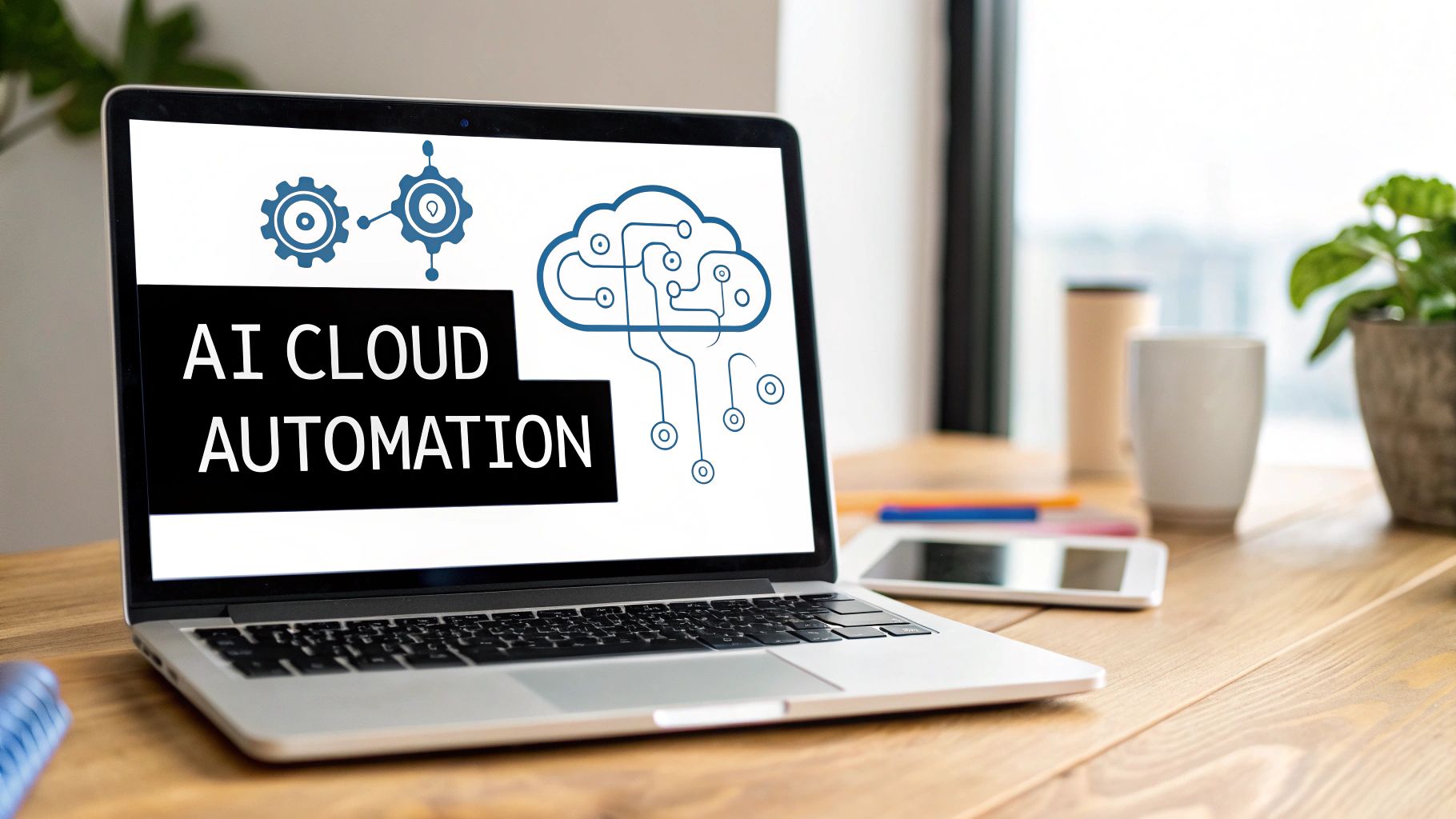 A laptop screen showing 'AI CLOUD AUTOMATION' text with technology icons on a wooden desk.