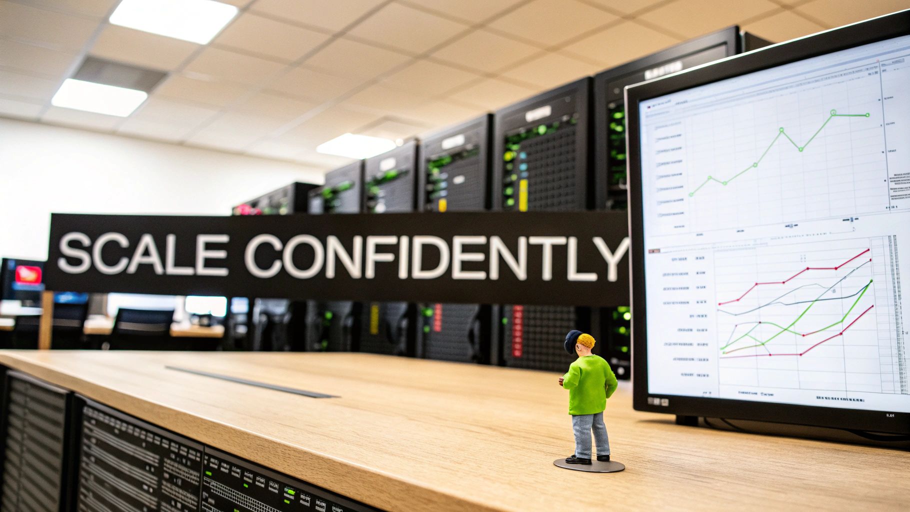 A miniature figurine observes a monitor displaying performance graphs in a modern server room with a 'SCALE CONFIDENTLY' sign.