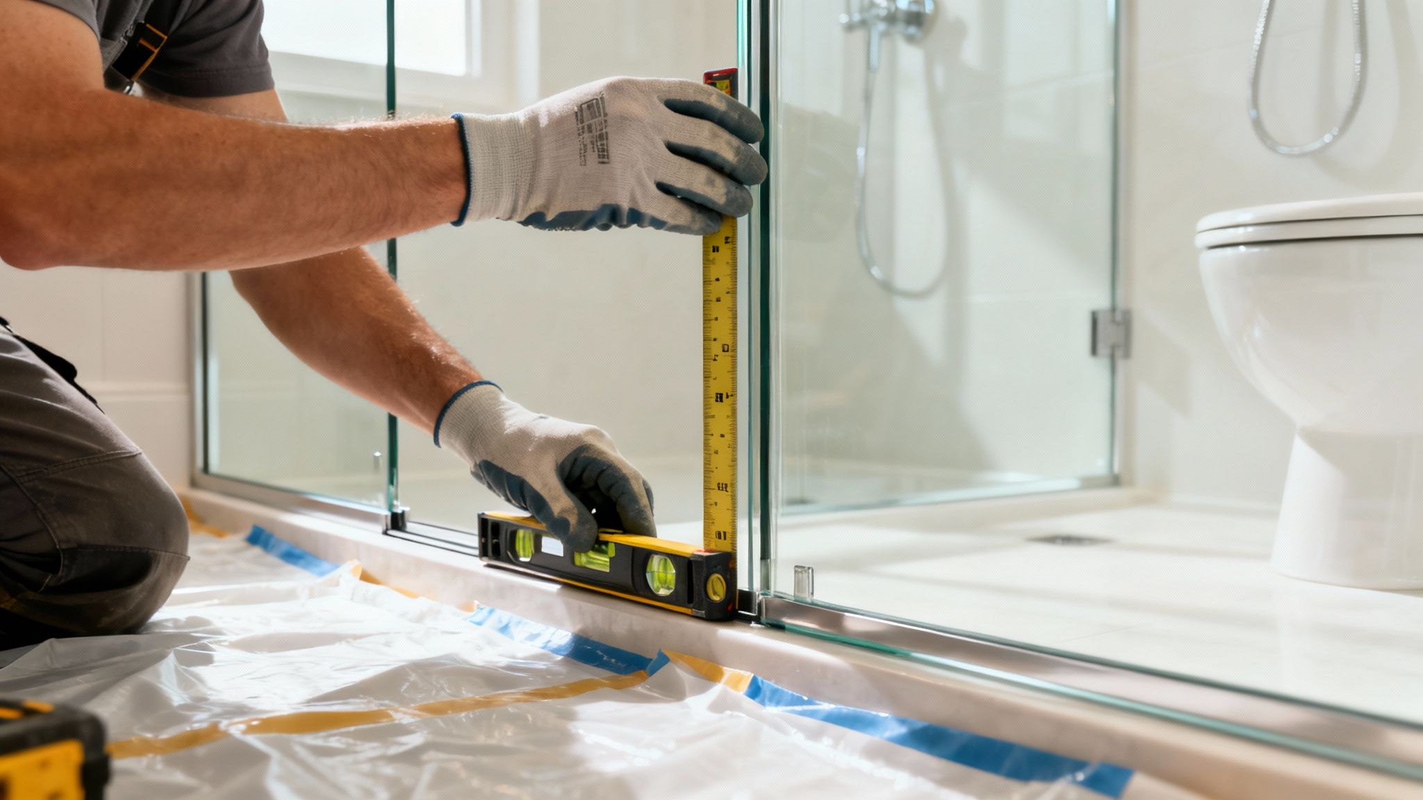 Professional installer measuring and leveling a new glass shower door in a modern bathroom.