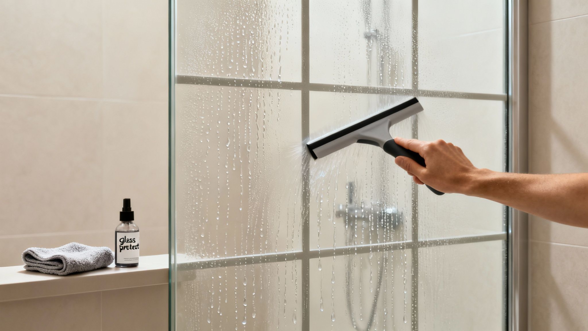 A hand uses a squeegee to clean a wet glass French shower door with dripping water.