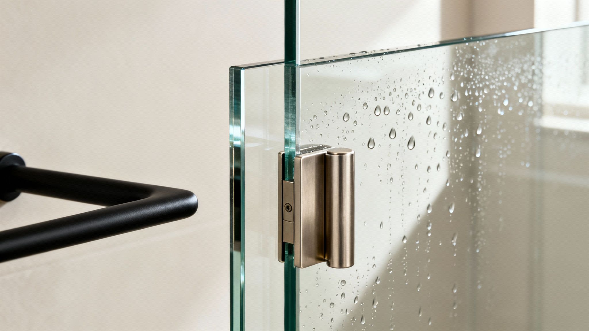 Close-up of a wet glass shower door with a modern satin nickel hinge and a black towel bar.