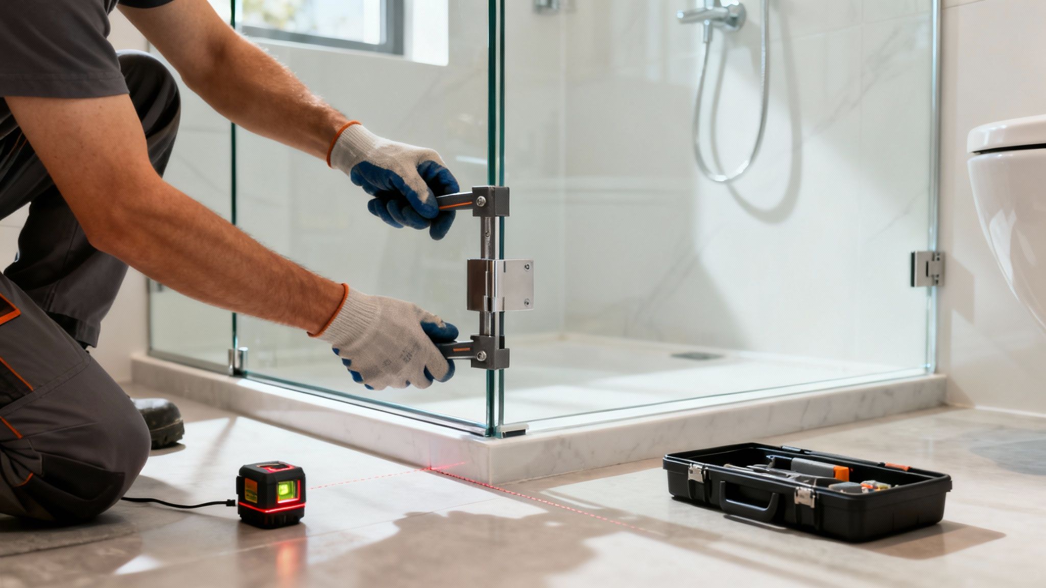 A worker in gloves carefully installs a clear glass shower door in a modern bathroom using a laser level.