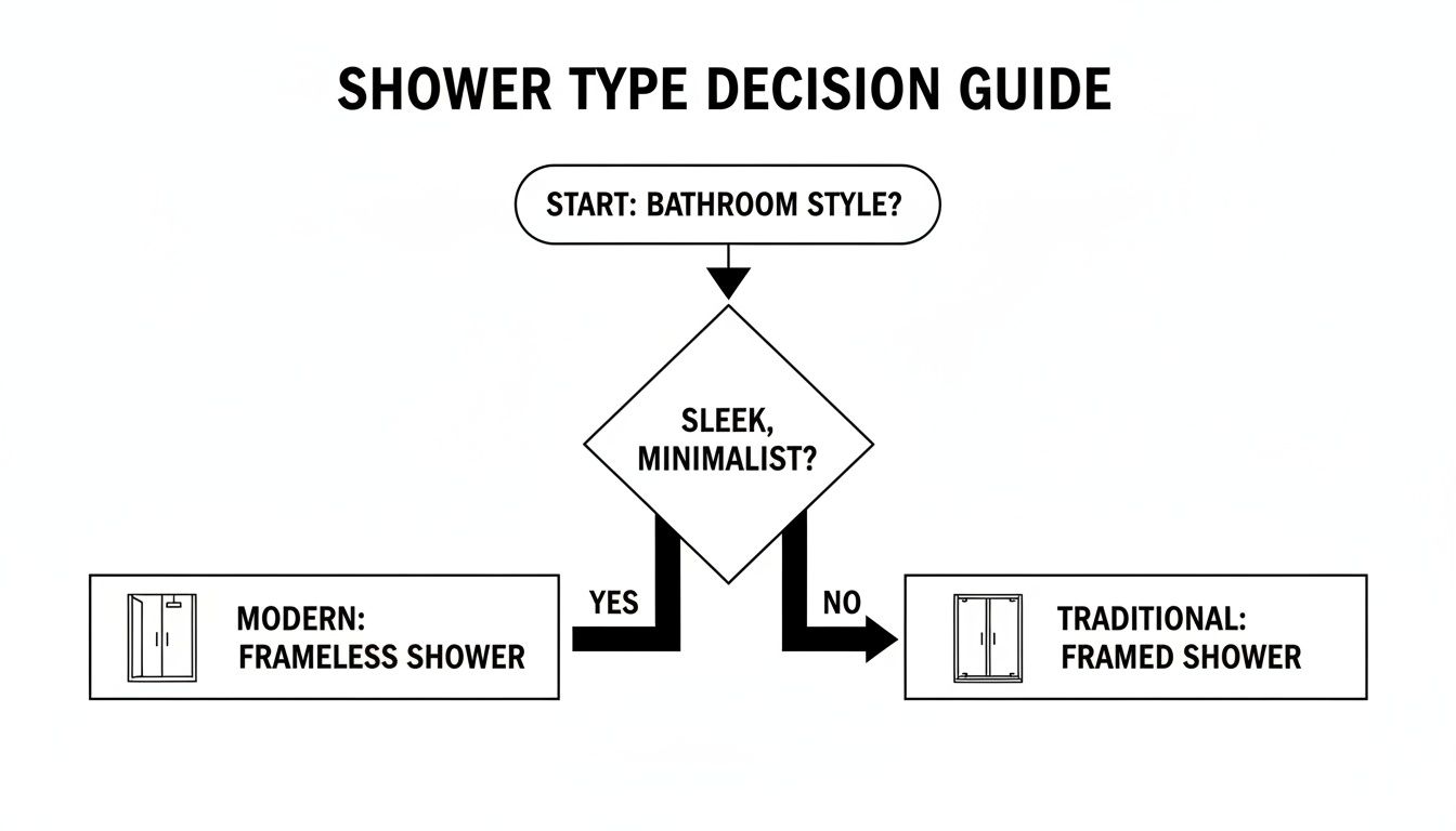 A flowchart guiding the choice between modern frameless and traditional framed showers based on bathroom style.