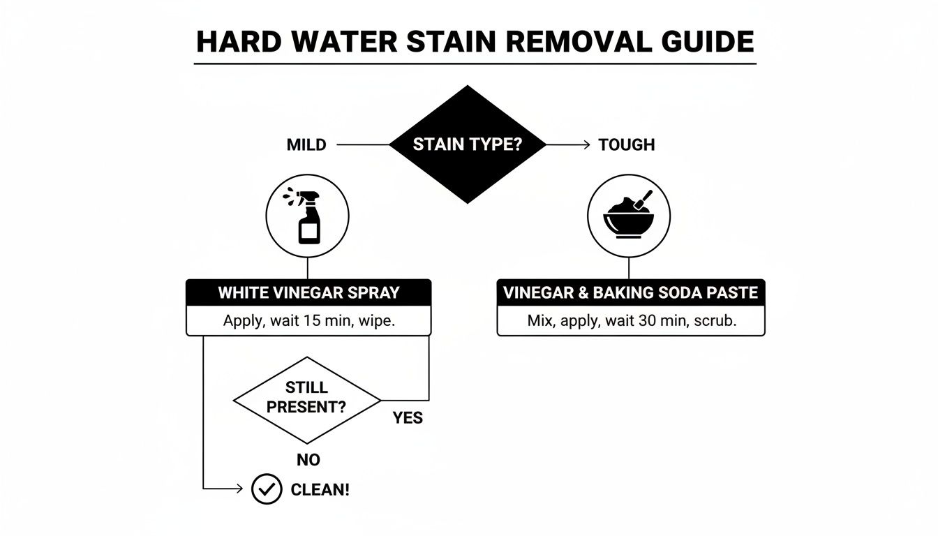 A flowchart guiding users through hard water stain removal methods using vinegar spray or baking soda paste.