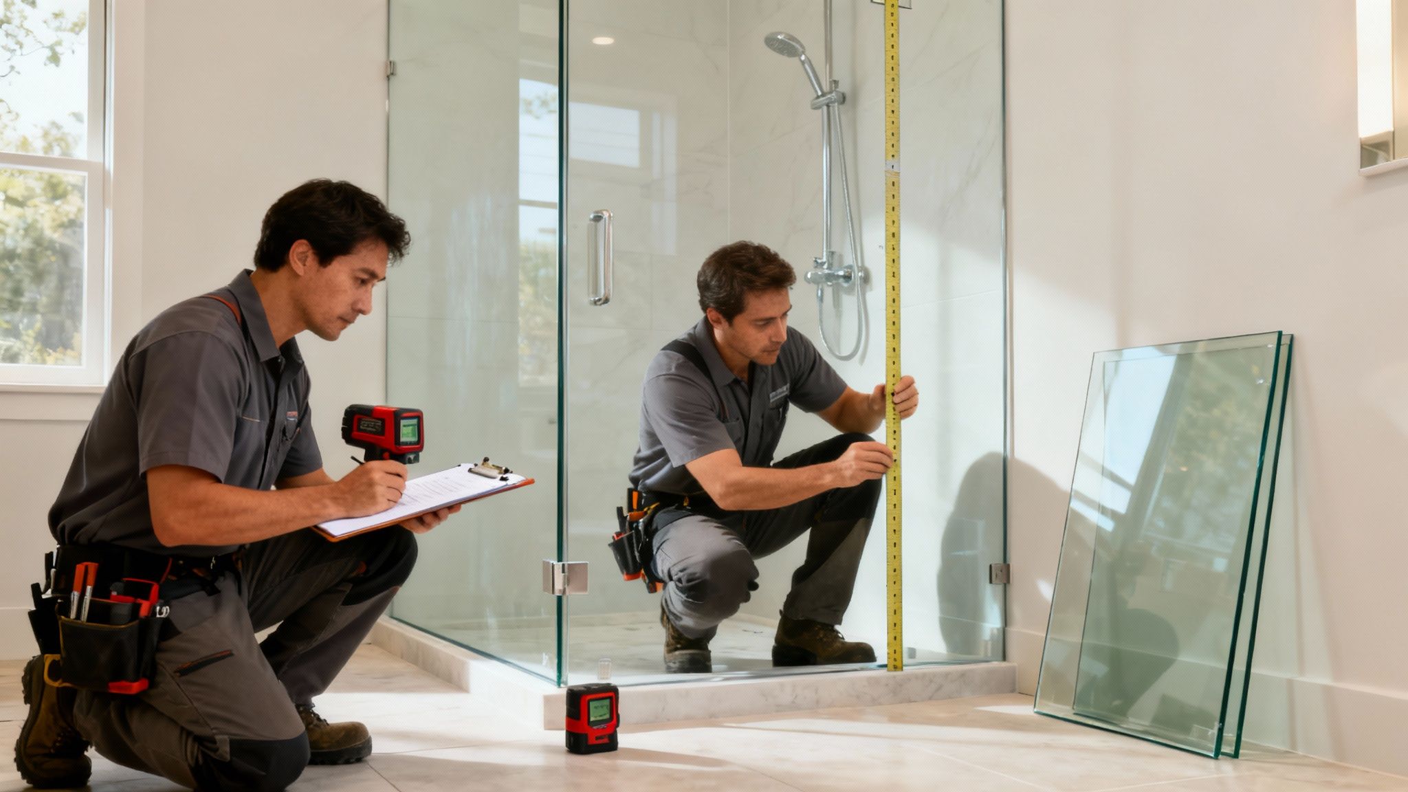 Two professional installers precisely measure and plan for a new frameless glass shower enclosure.