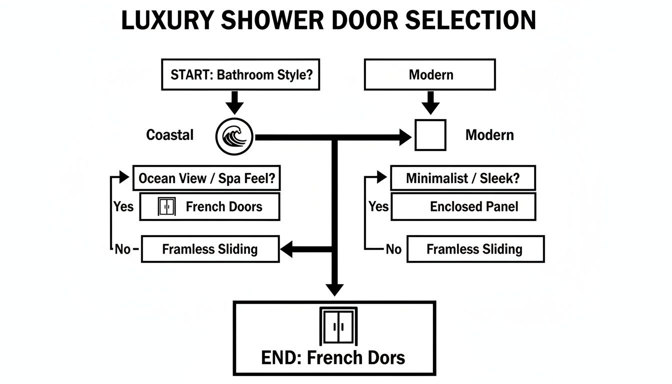 Flowchart for luxury shower door selection based on bathroom style, offering various door options.