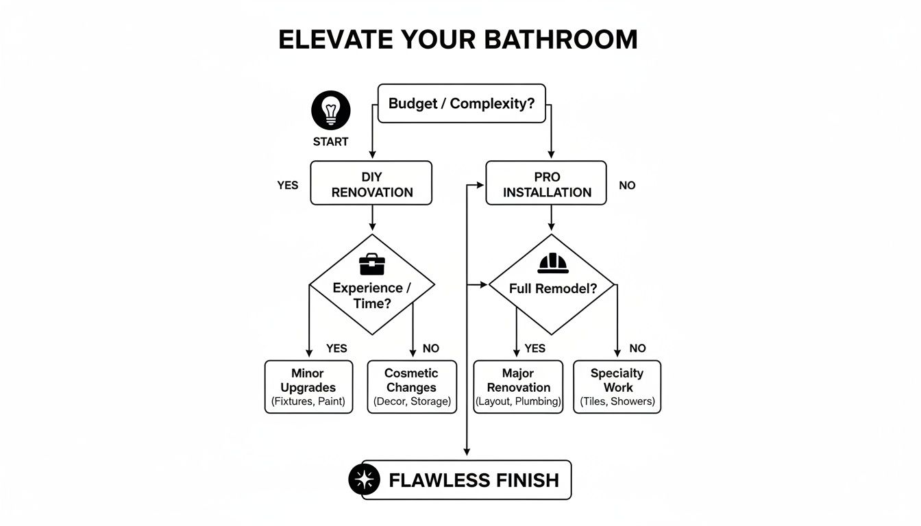 A flowchart titled 'Elevate Your Bathroom' guiding renovation choices from DIY to professional installation.