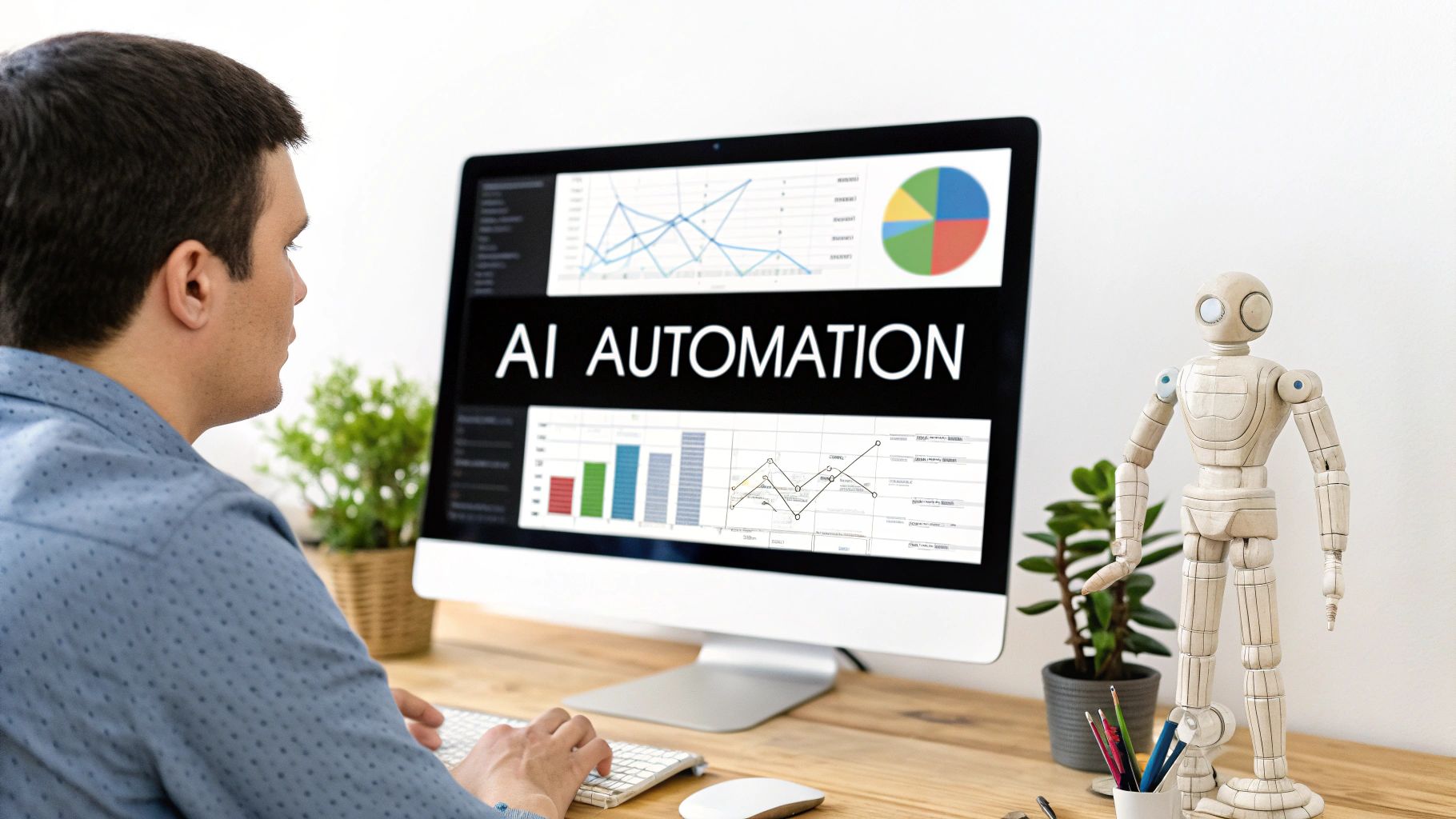 Man viewing "AI AUTOMATION" on a computer monitor with business charts and a robot figurine.