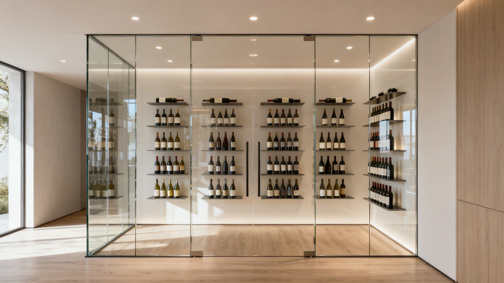 A modern glass-enclosed wine cellar featuring numerous wine bottles on sleek shelves, with warm lighting and wooden floors.
