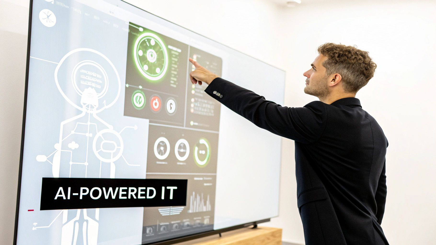 Man in suit points at an interactive screen displaying 'AI-POWERED IT' and data visualizations.