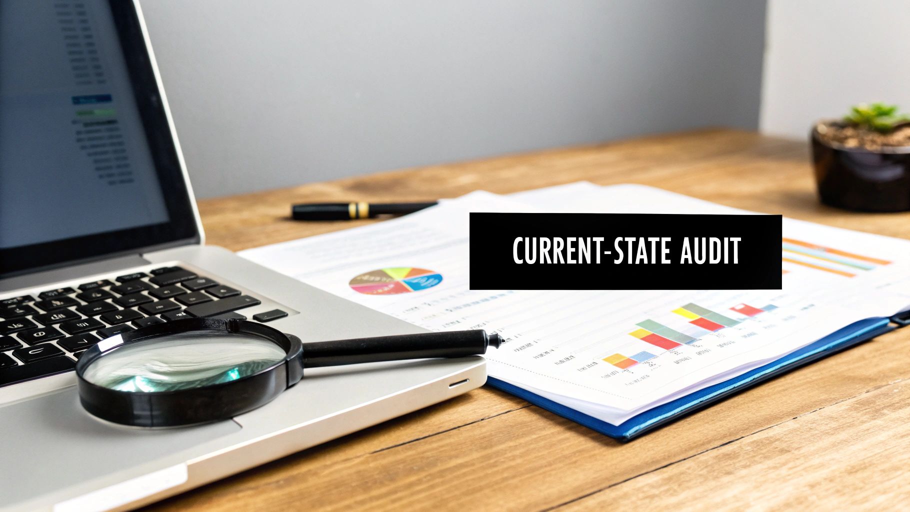 A laptop, magnifying glass, and financial documents with charts on a wooden desk. Text reads 'CURRENT-STATE AUDIT'.