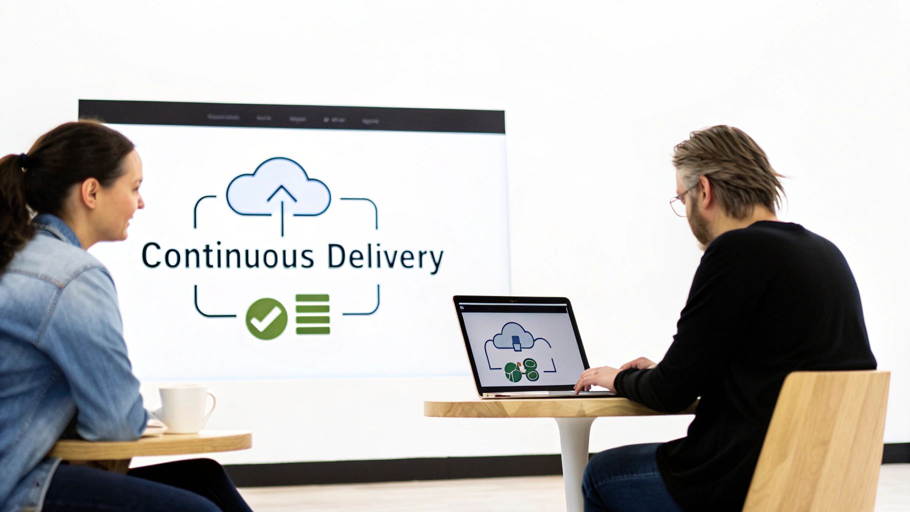 Two professionals in a modern office setting, discussing continuous delivery concepts displayed on a large screen.