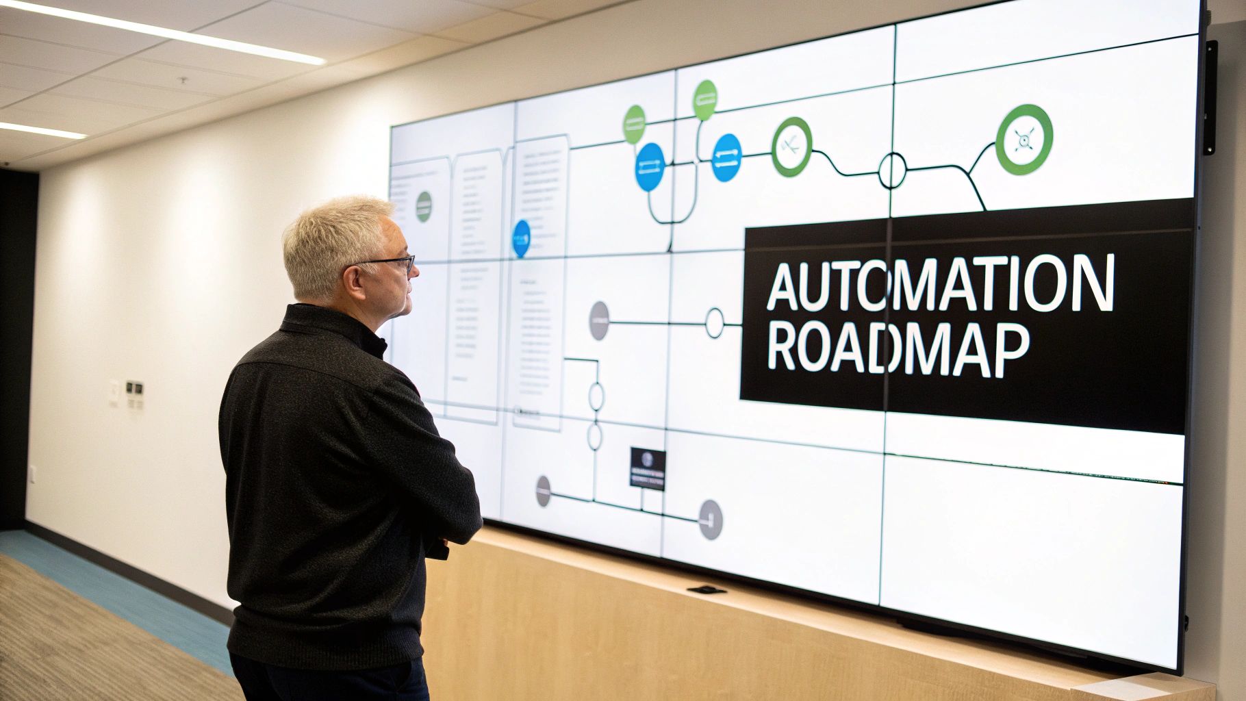 A man in an office views a large screen displaying an 'Automation Roadmap' diagram.