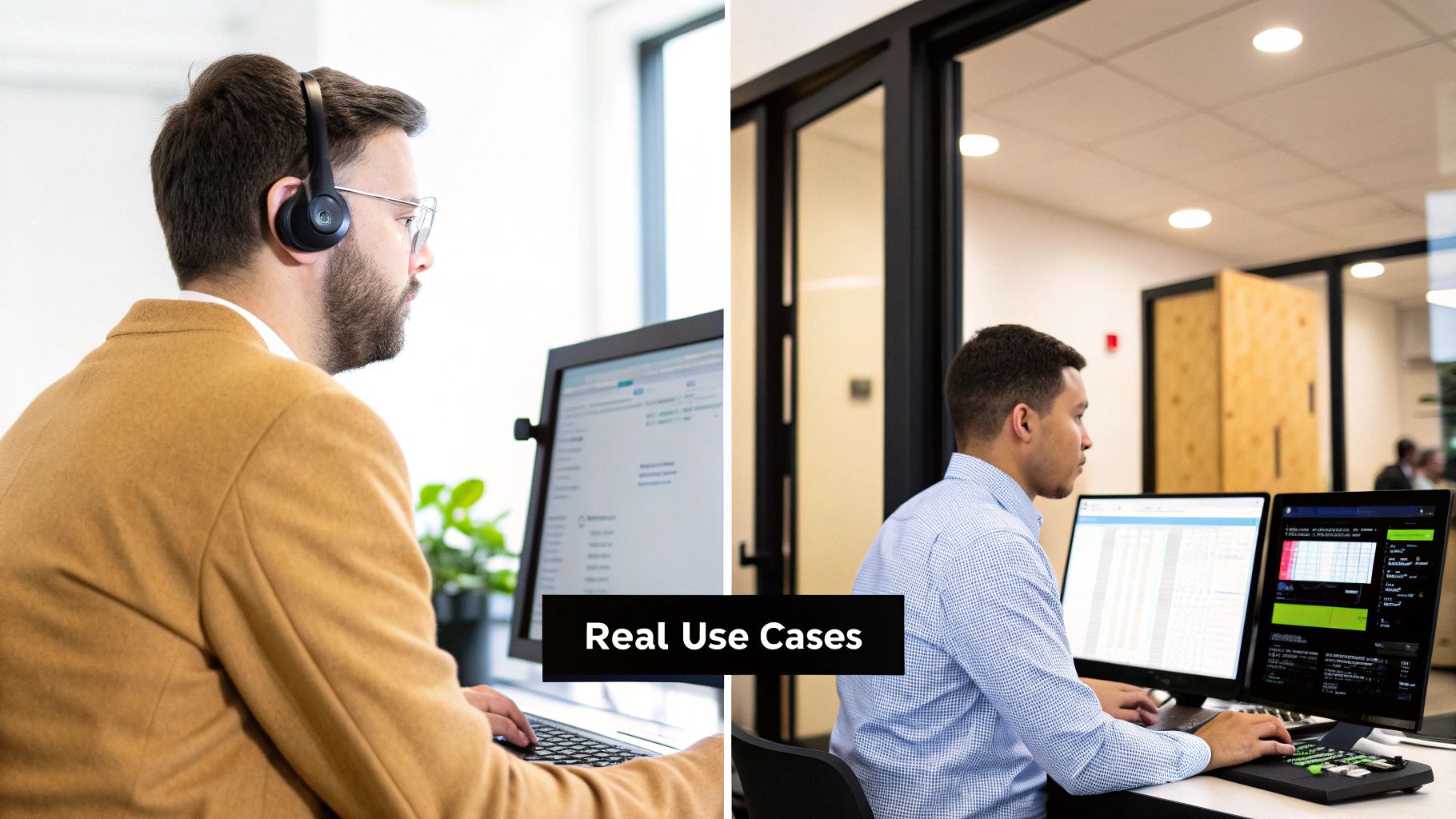 Two professionals working diligently on computers in an office, showcasing real-world use cases.