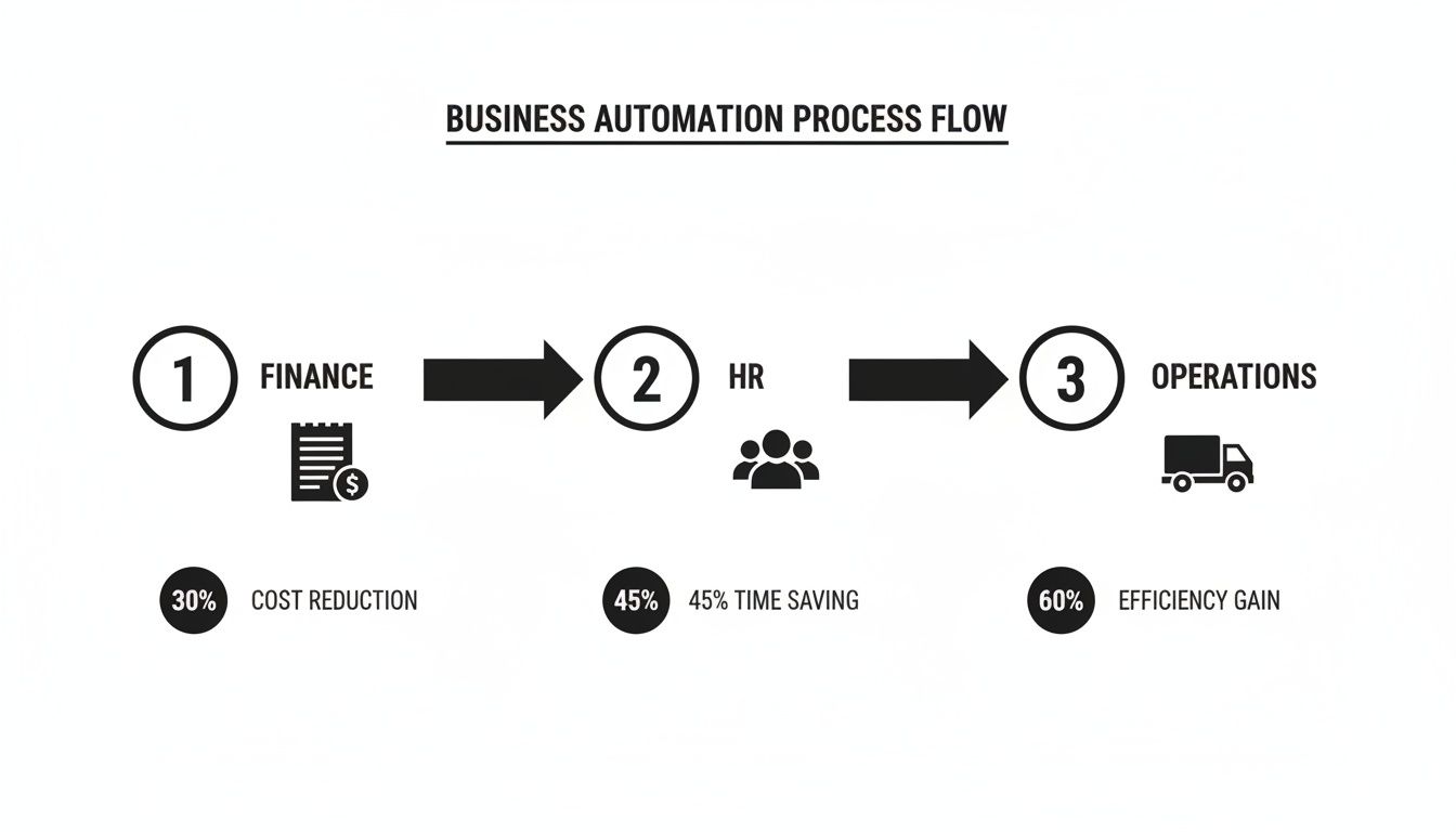 A diagram illustrating the business automation process flow across finance, HR, and operations, highlighting key benefits.