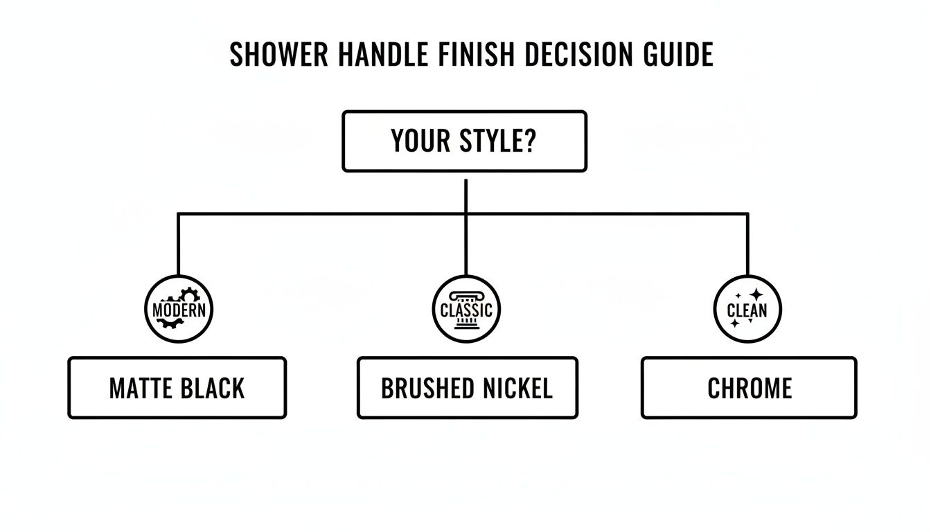 Shower handle finish decision guide flowchart showing modern, classic, and clean styles leading to finish recommendations.