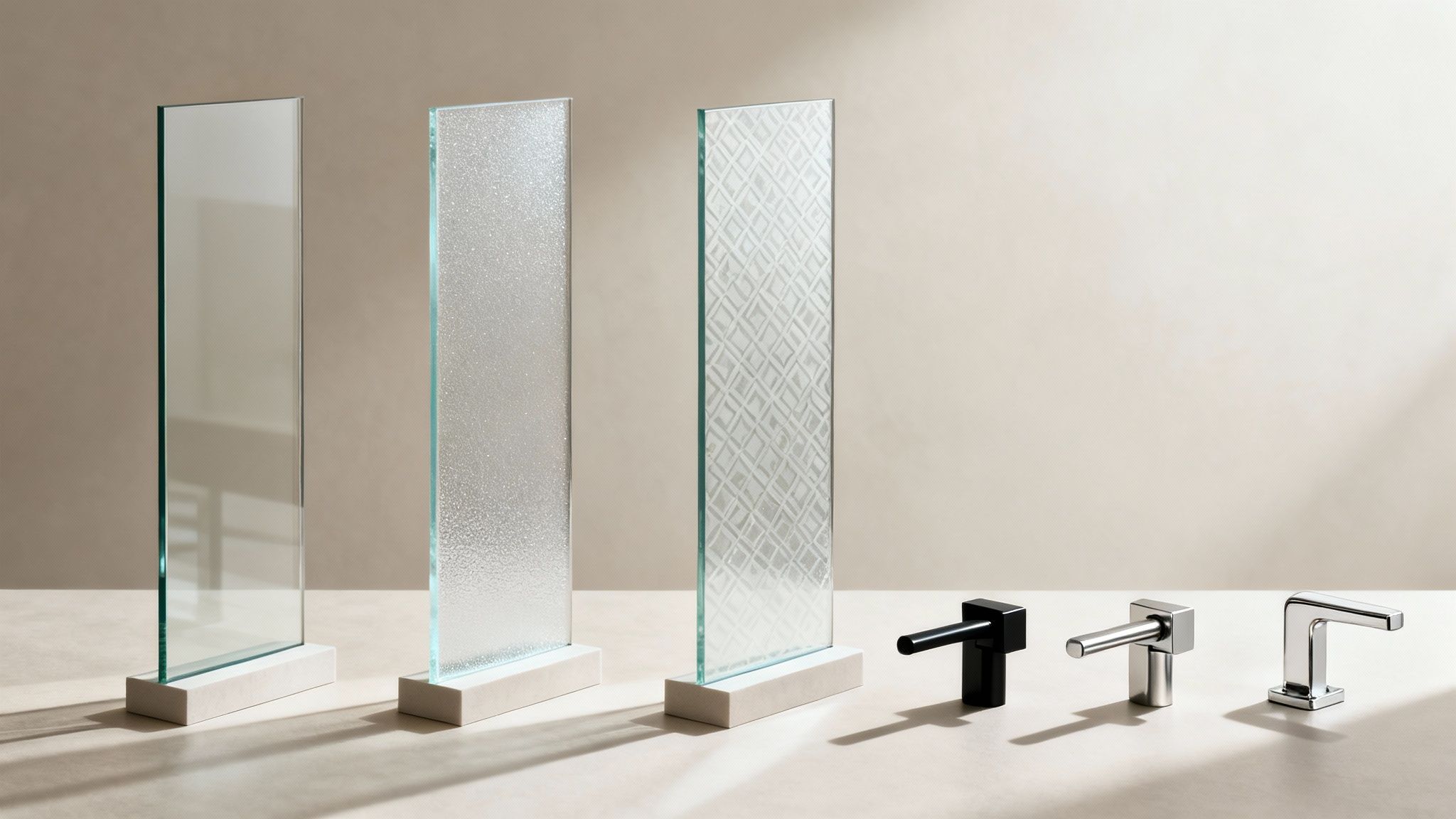 Three frameless glass shower panels with clear, frosted, and patterned designs, beside modern faucet options.