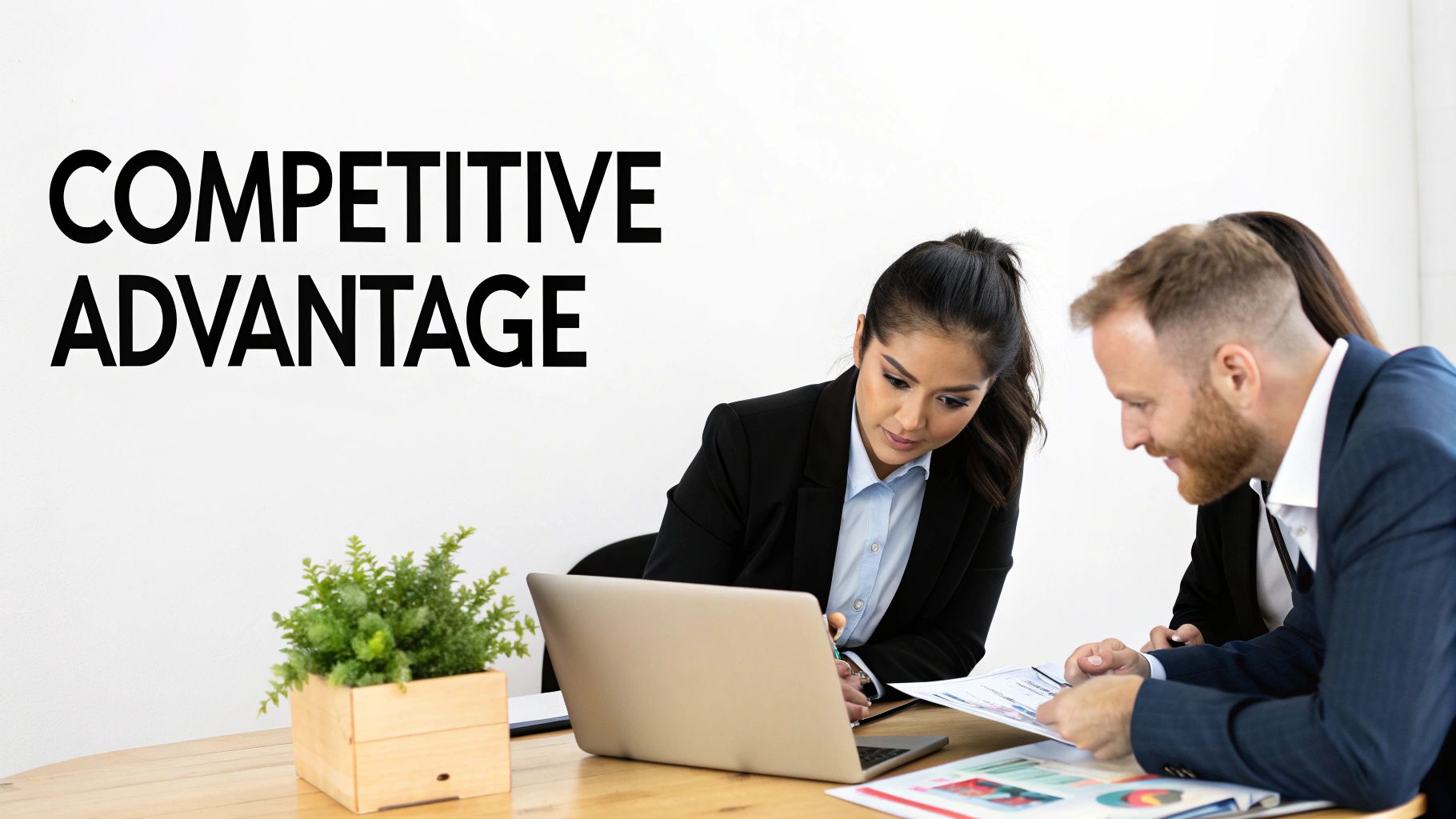 Diverse business team discussing 'Competitive Advantage' during a meeting in a modern office.