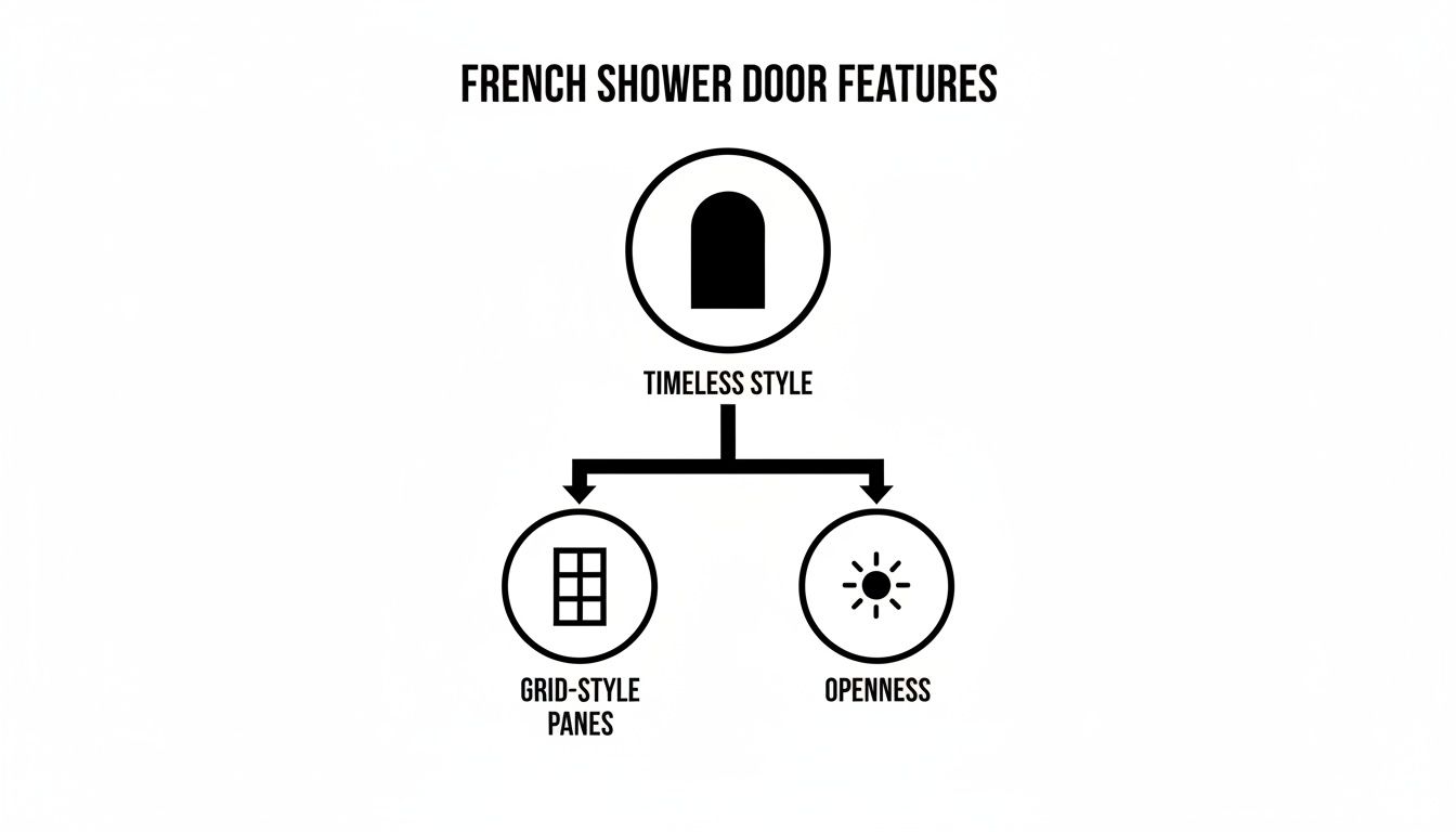 A diagram titled 'French Shower Door Features' illustrating timeless style, grid-style panes, and openness.