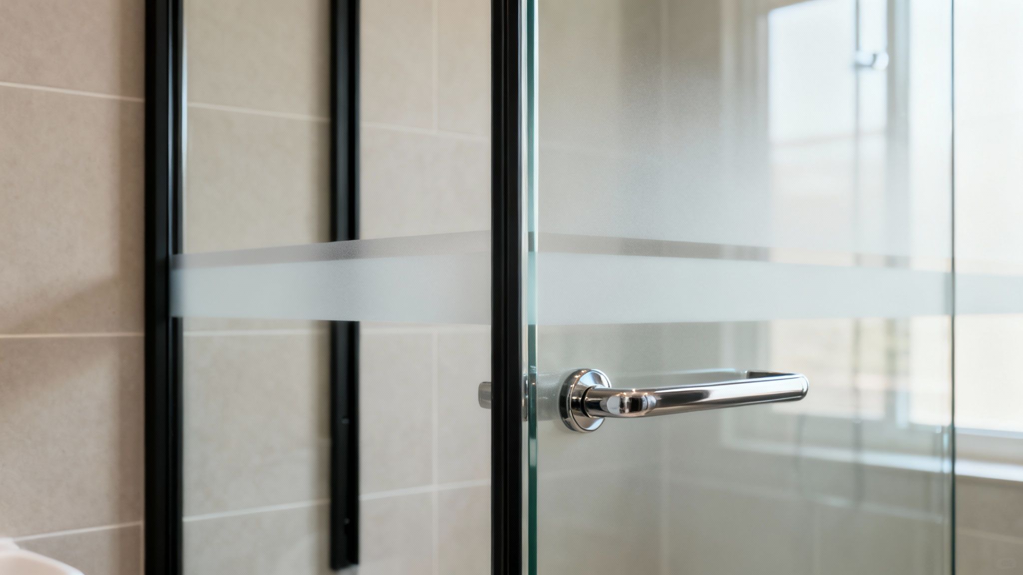Modern frameless glass shower door with a chrome handle and frosted privacy stripe.