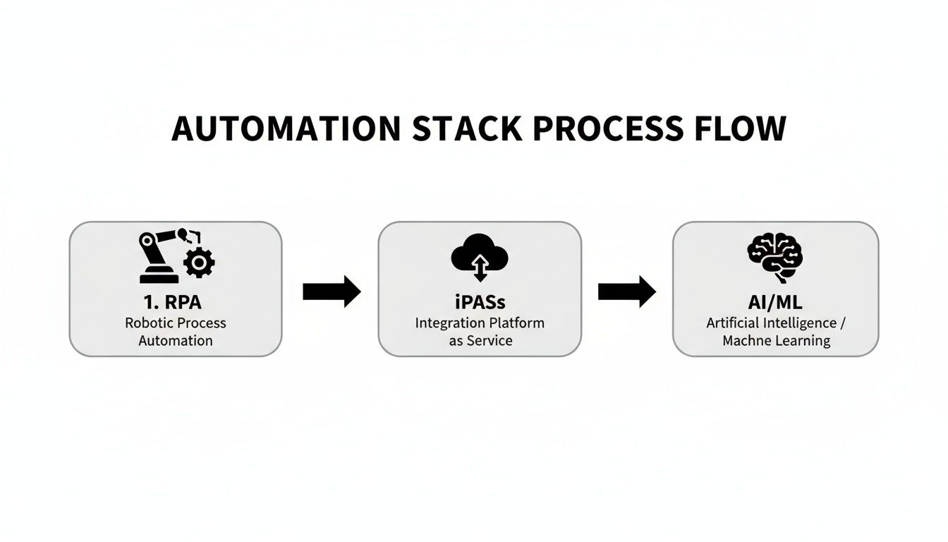 Diagram showing an automation stack process flow from RPA to iPaaS to AI/ML.