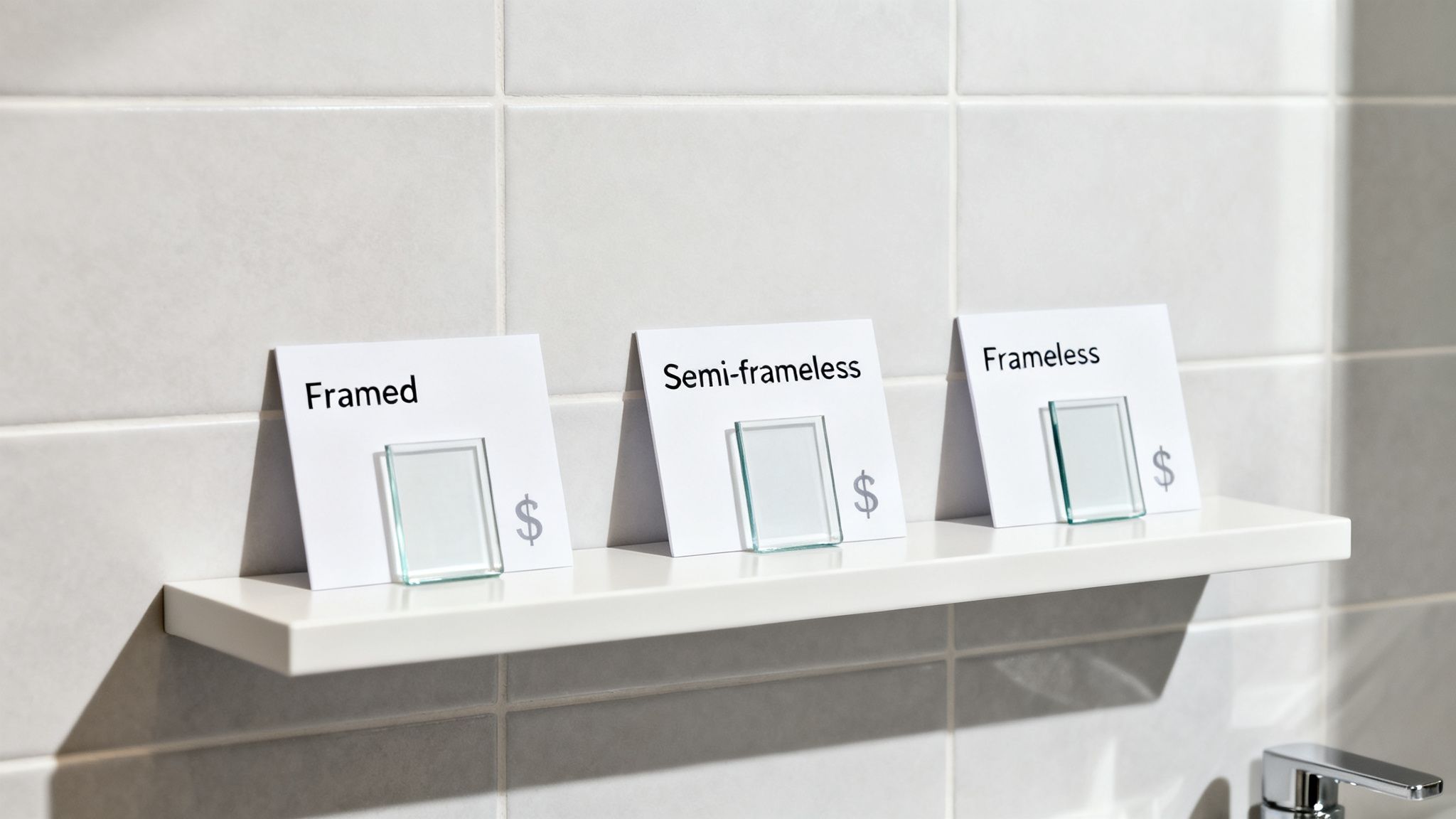 Three display cards show Framed, Semi-frameless, and Frameless shower door options with glass samples and dollar signs.