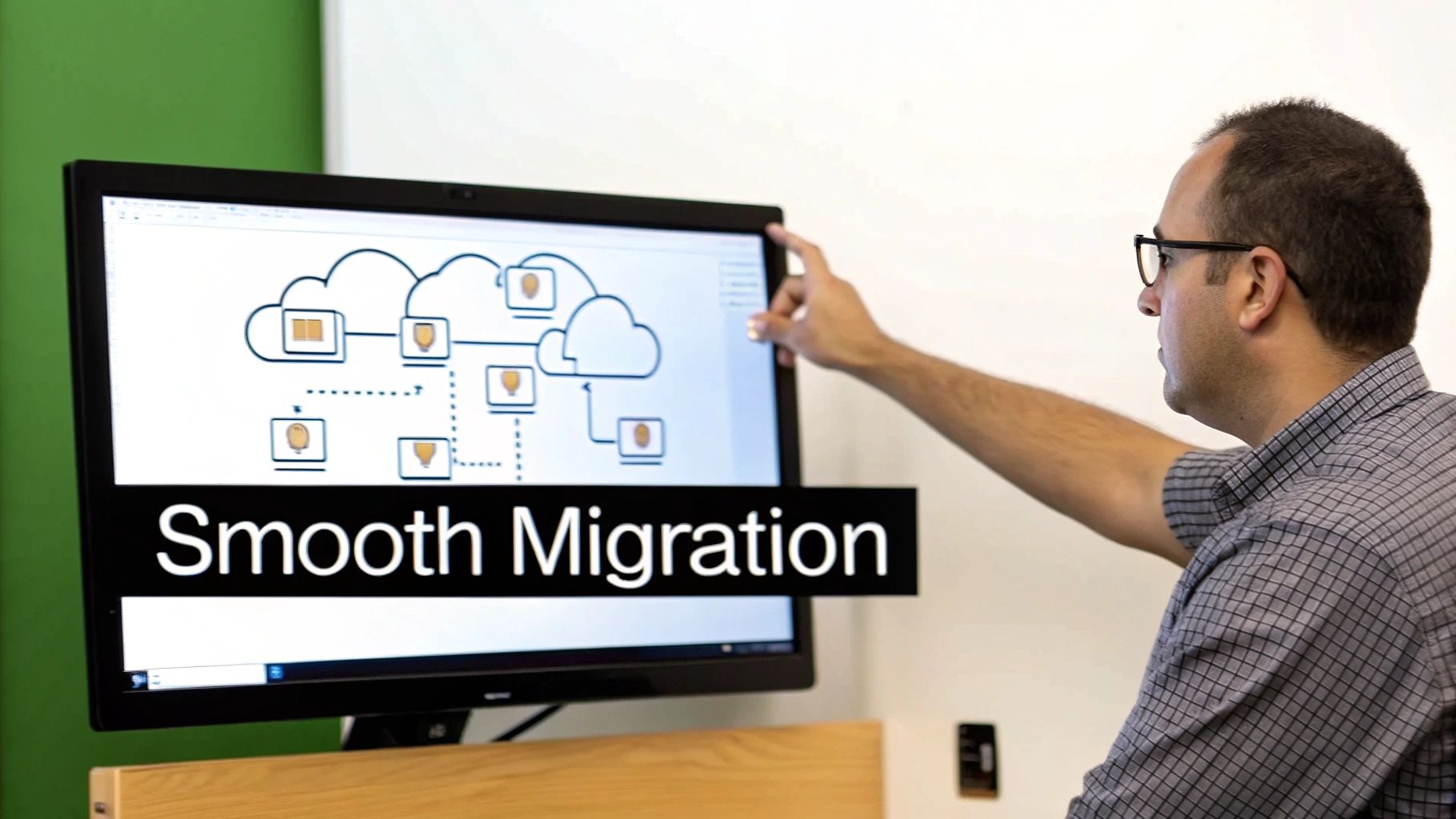 Man pointing at a computer screen displaying a cloud migration diagram and 'Smooth Migration' text.
