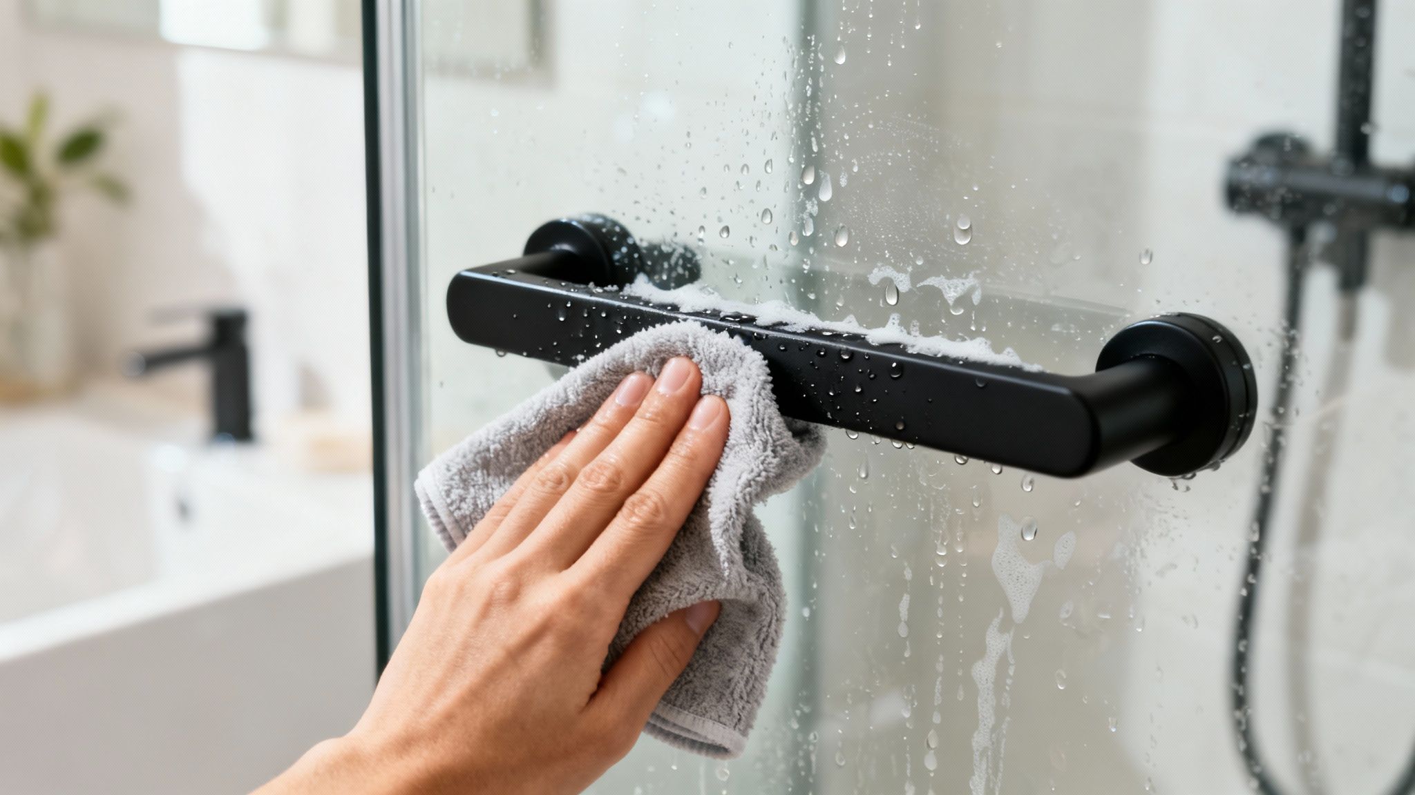 A hand meticulously cleans a sleek black shower door handle with a soft grey cloth.