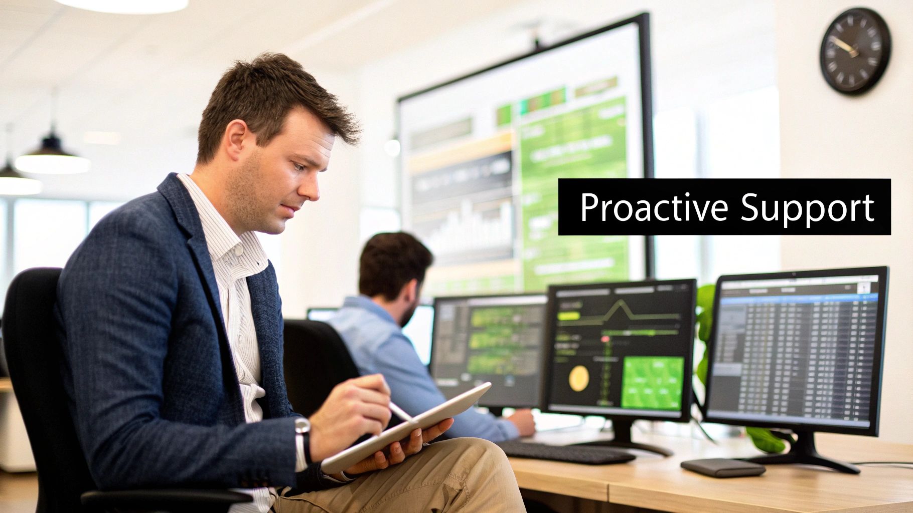 A man in an office uses a tablet and stylus, surrounded by computer monitors displaying data and 'Proactive Support' text.