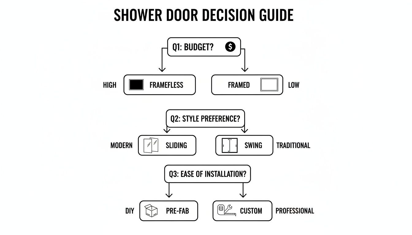 A shower door decision guide flowchart asking about budget, style preference, and ease of installation.