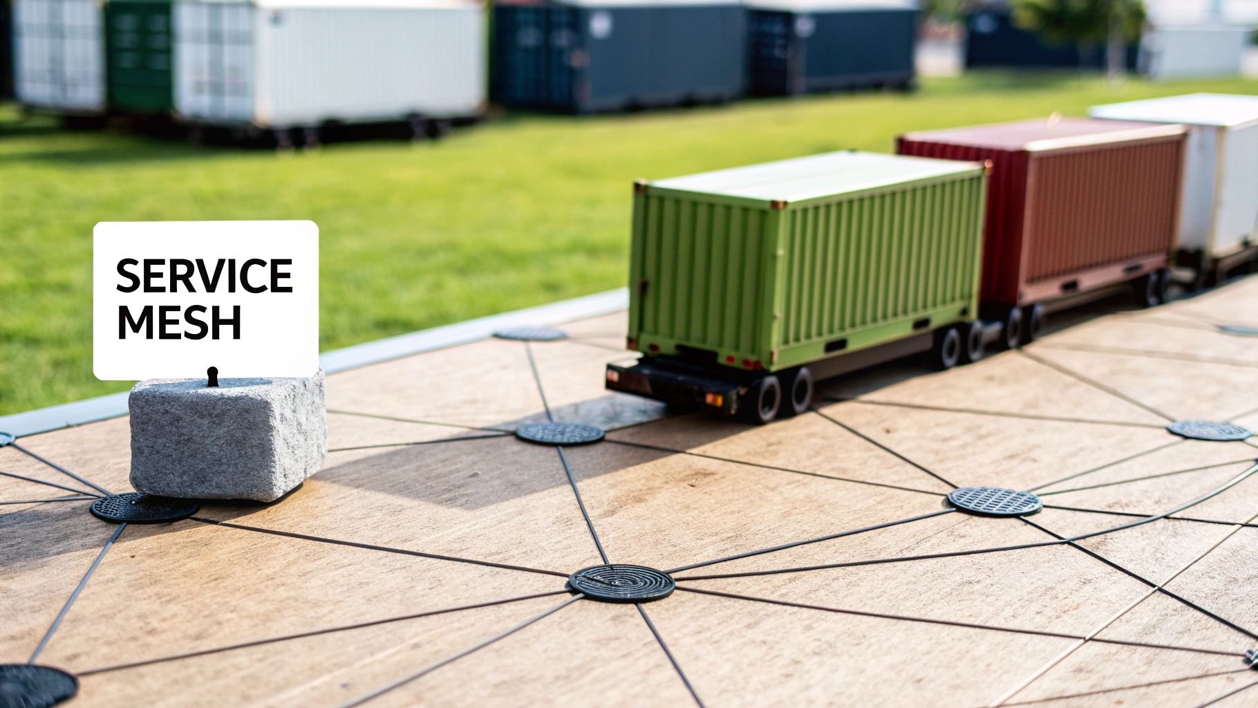 A 'SERVICE MESH' sign on a network model with miniature shipping containers, symbolizing distributed microservices.