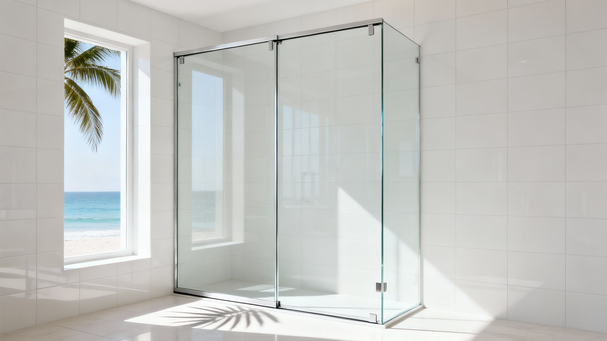 A bright modern bathroom featuring a frameless bypass shower door and a window with a beach view.