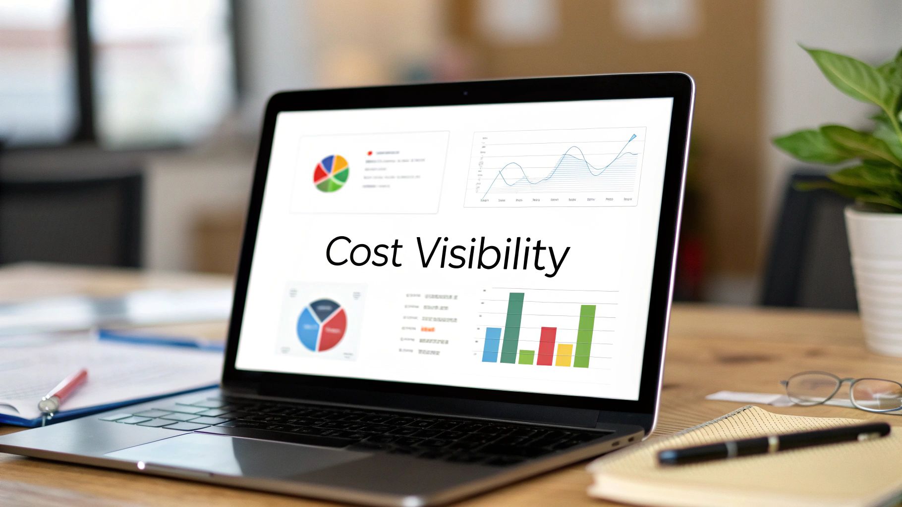 A laptop displaying "Cost Visibility" with various charts and graphs on a wooden desk with a pen and notebook.