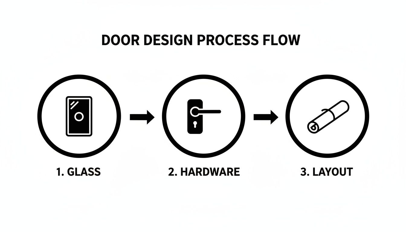 A door design process flow diagram showing steps: glass, hardware, and layout.