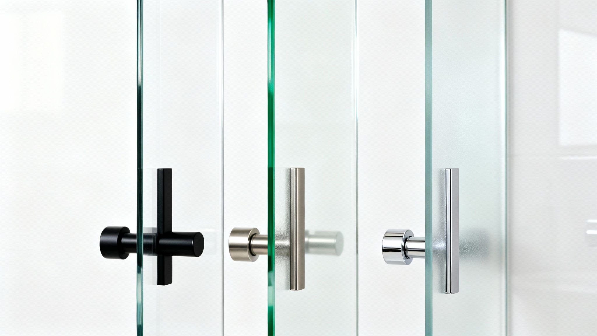Three stylish handles on clear glass shower doors, in black, brushed, and chrome finishes.