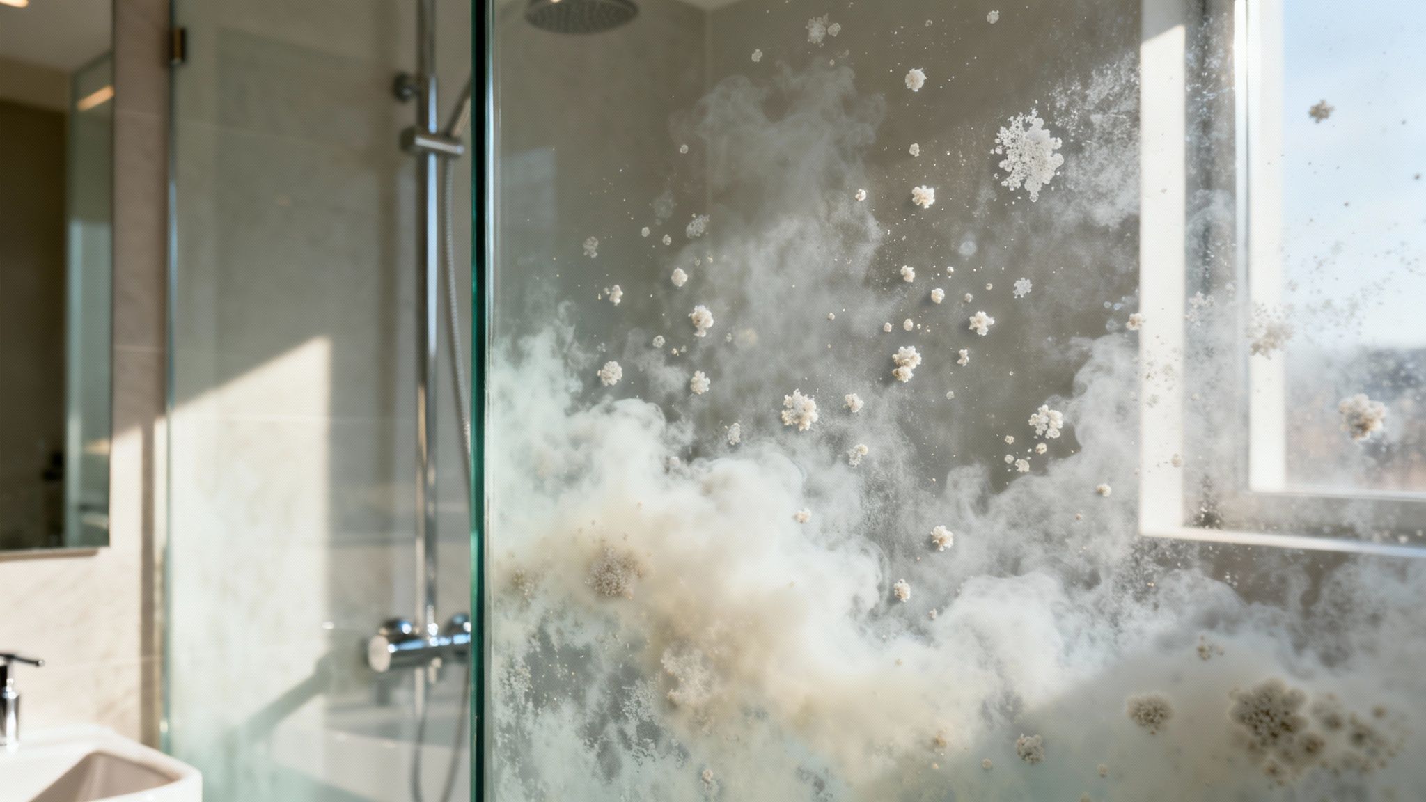 Close-up of a glass shower screen heavily covered in white hard water stains and mineral deposits.
