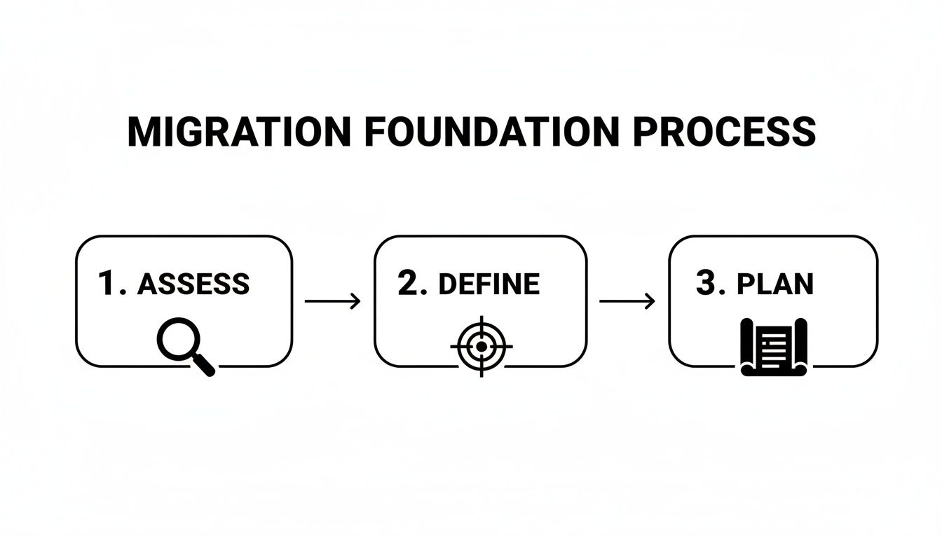 A diagram outlining the three-step migration foundation process: 1. Assess, 2. Define, and 3. Plan.