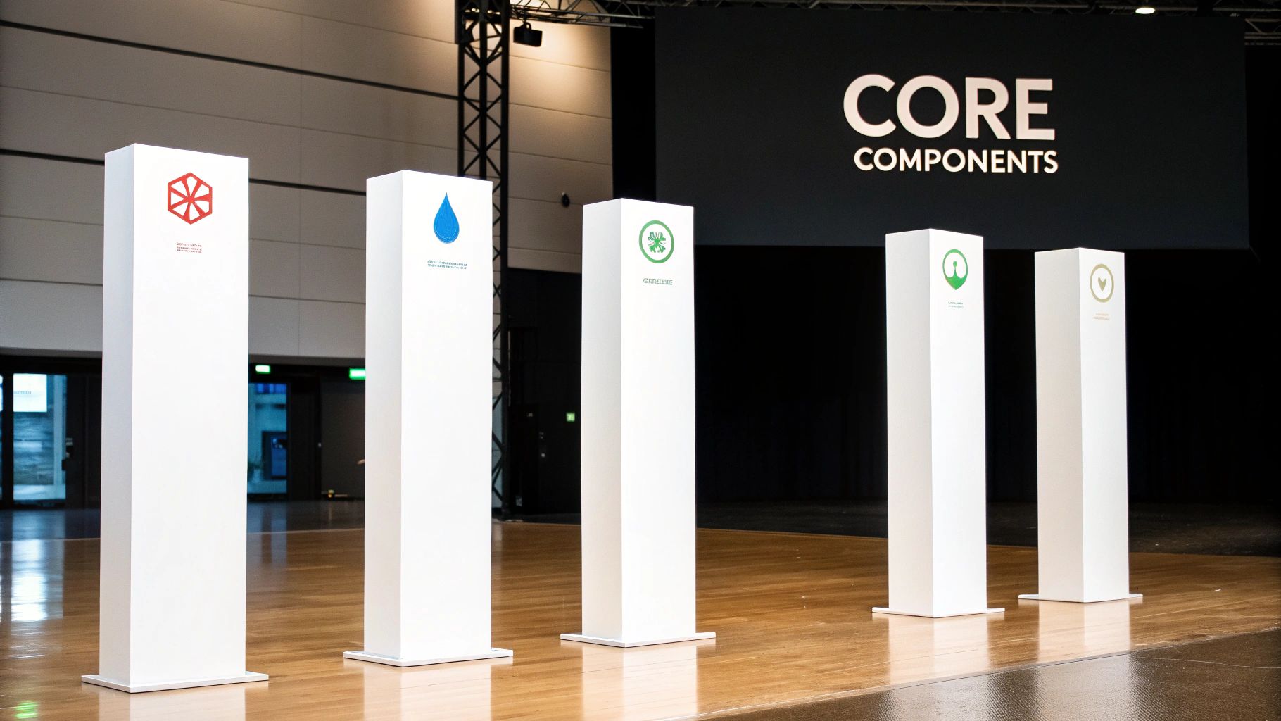 Five white pillars with distinct symbols and text, displaying 'CORE COMPONENTS' at an exhibition.