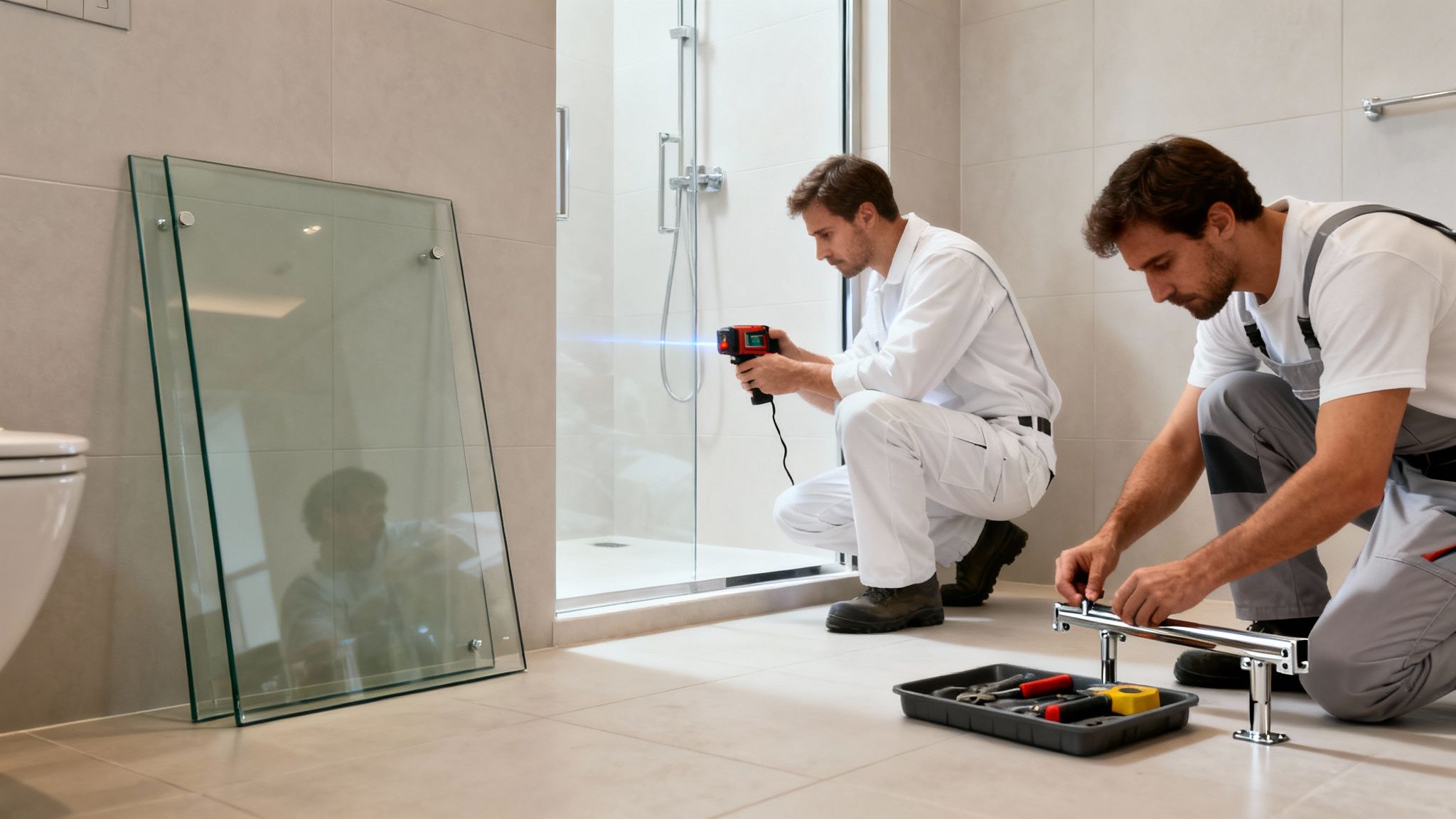 Two skilled installers meticulously work on a custom glass shower enclosure installation in a modern bathroom.