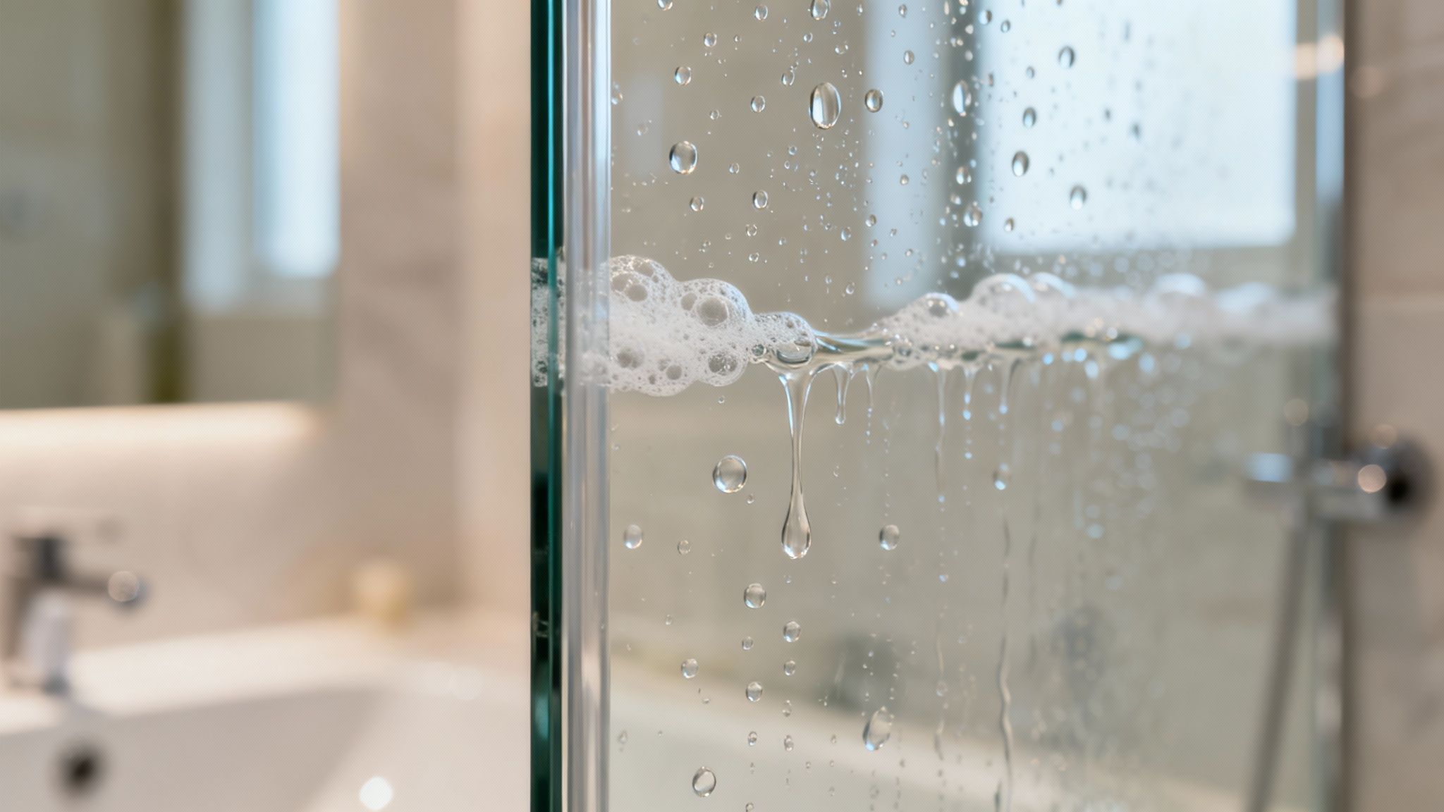 Close-up of a clear glass shower door with water droplets and soap suds in a modern bathroom.