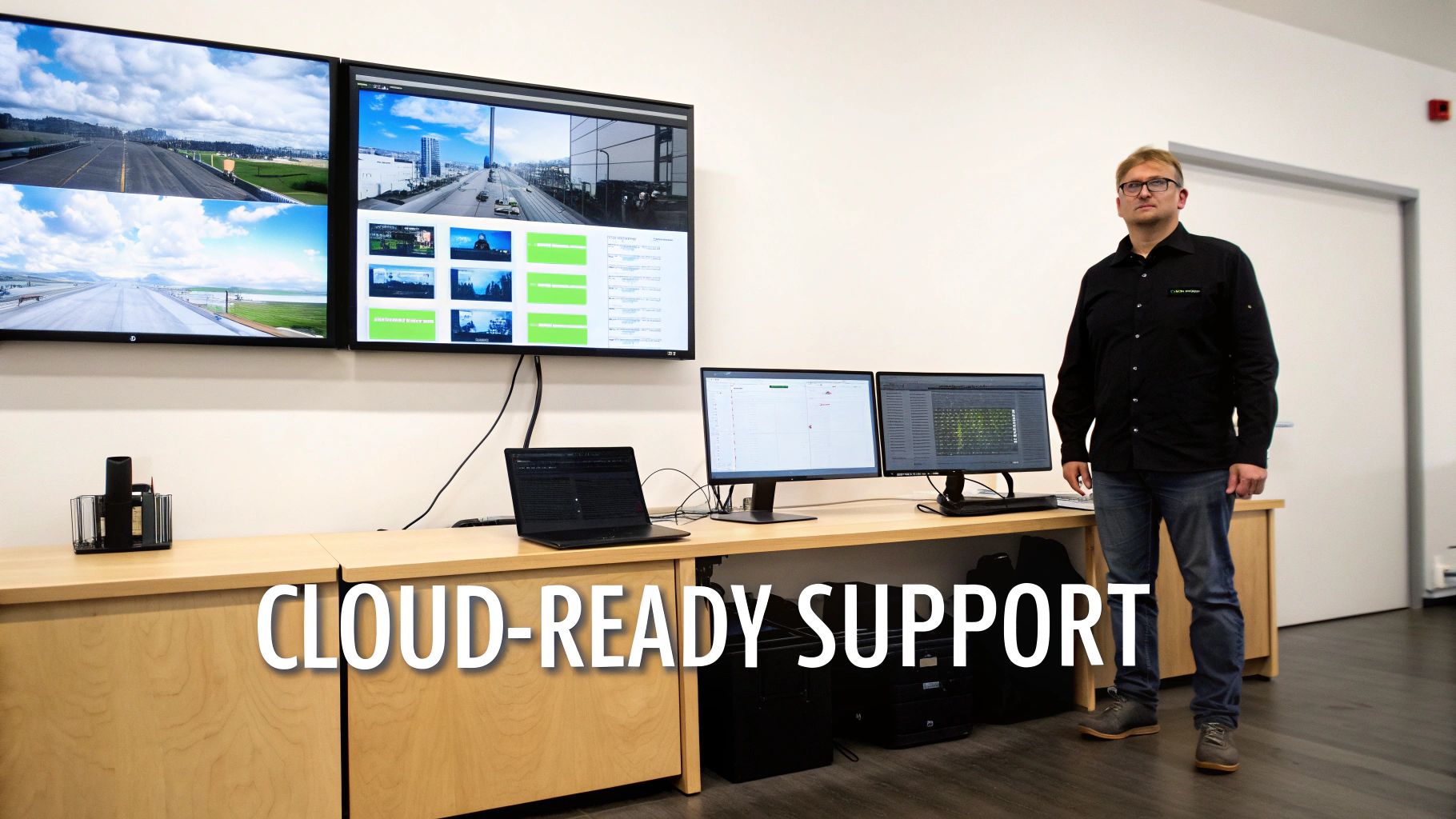 Man stands in a tech office with multiple monitors showing data and real-time feeds, promoting cloud support.