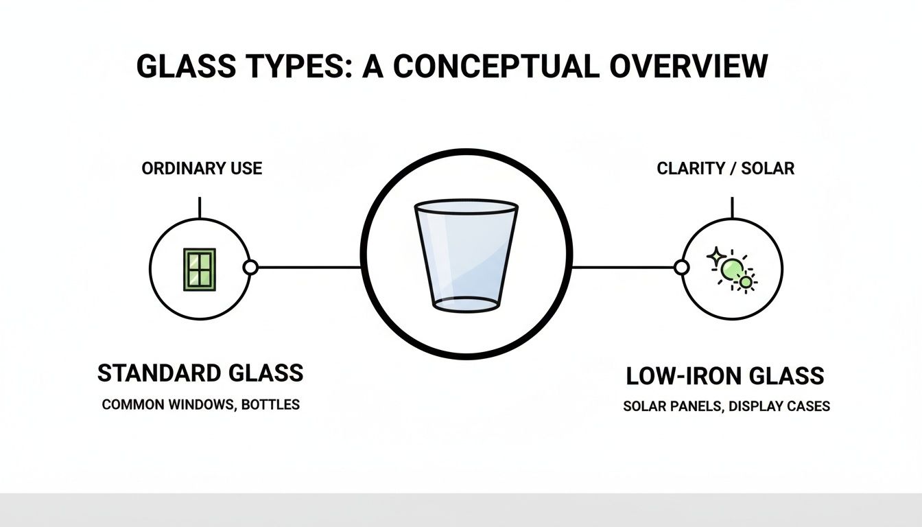 A conceptual diagram comparing standard glass for ordinary use and low-iron glass for clarity and solar applications.