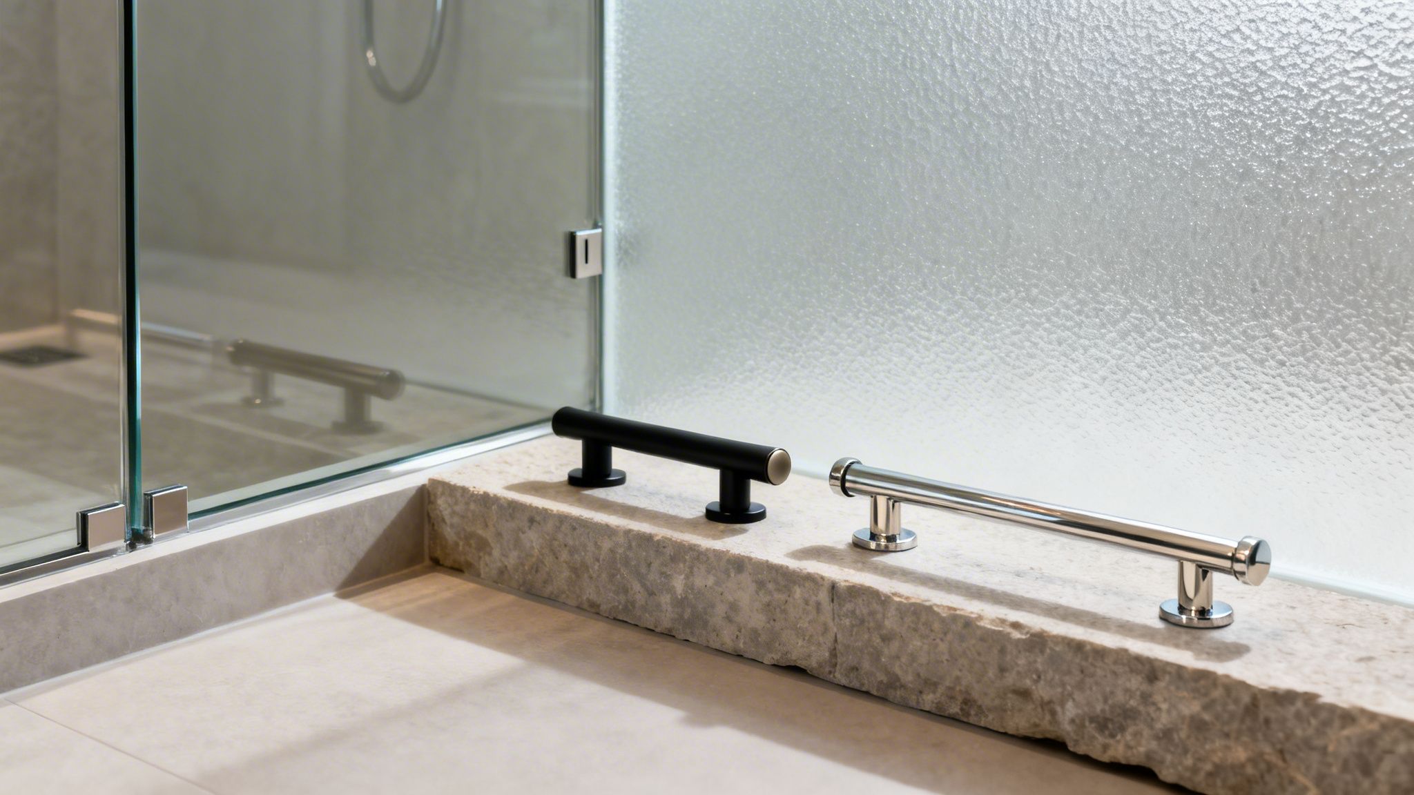 Modern bathroom with frameless glass shower and a stone shelf displaying black and chrome grab bars.