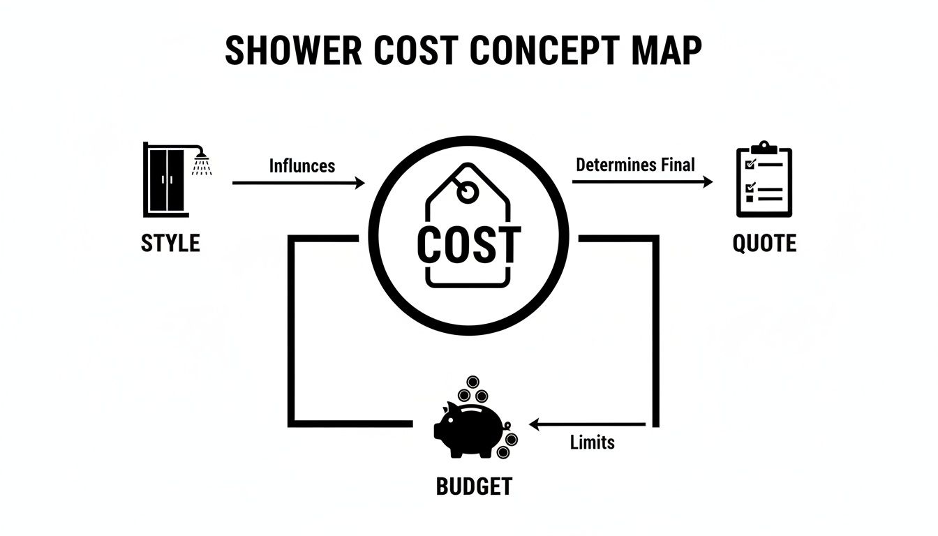 A concept map illustrating the factors influencing shower cost, including style, budget, and the final quote.
