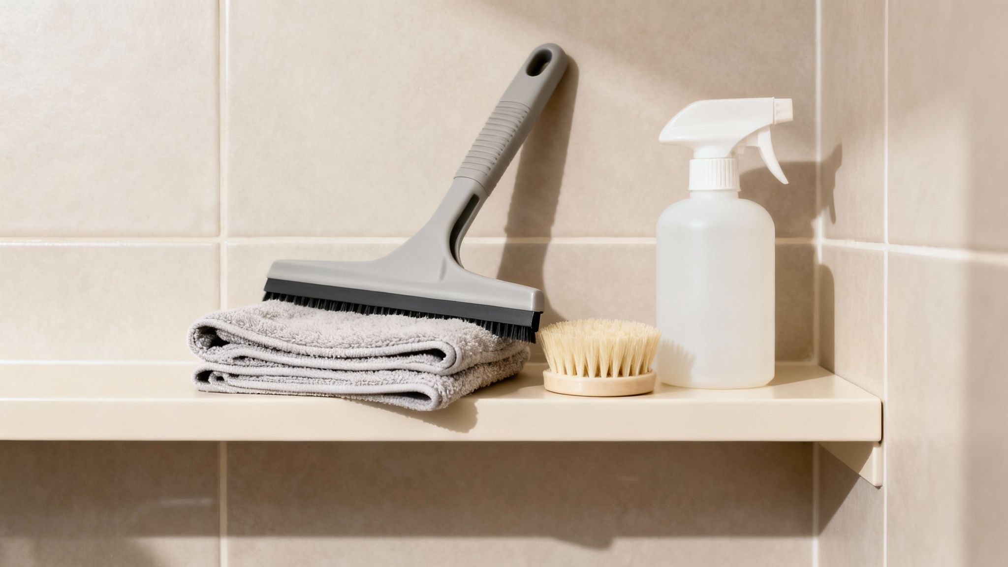 Cleaning supplies including a squeegee, towels, scrub brush, and spray bottle on a shelf.