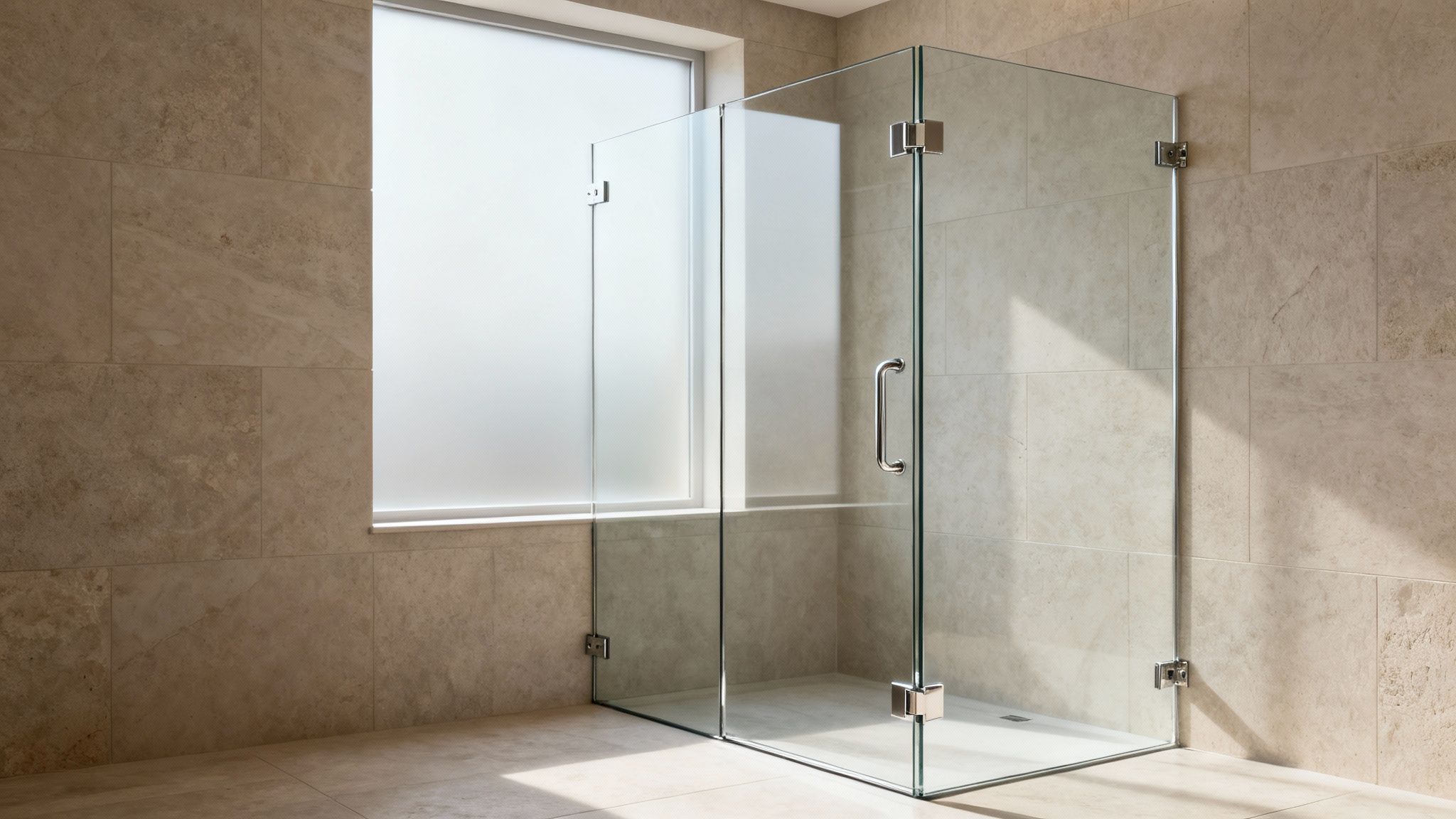 A modern bathroom featuring a clear glass shower enclosure, beige tiled walls, and a frosted window.