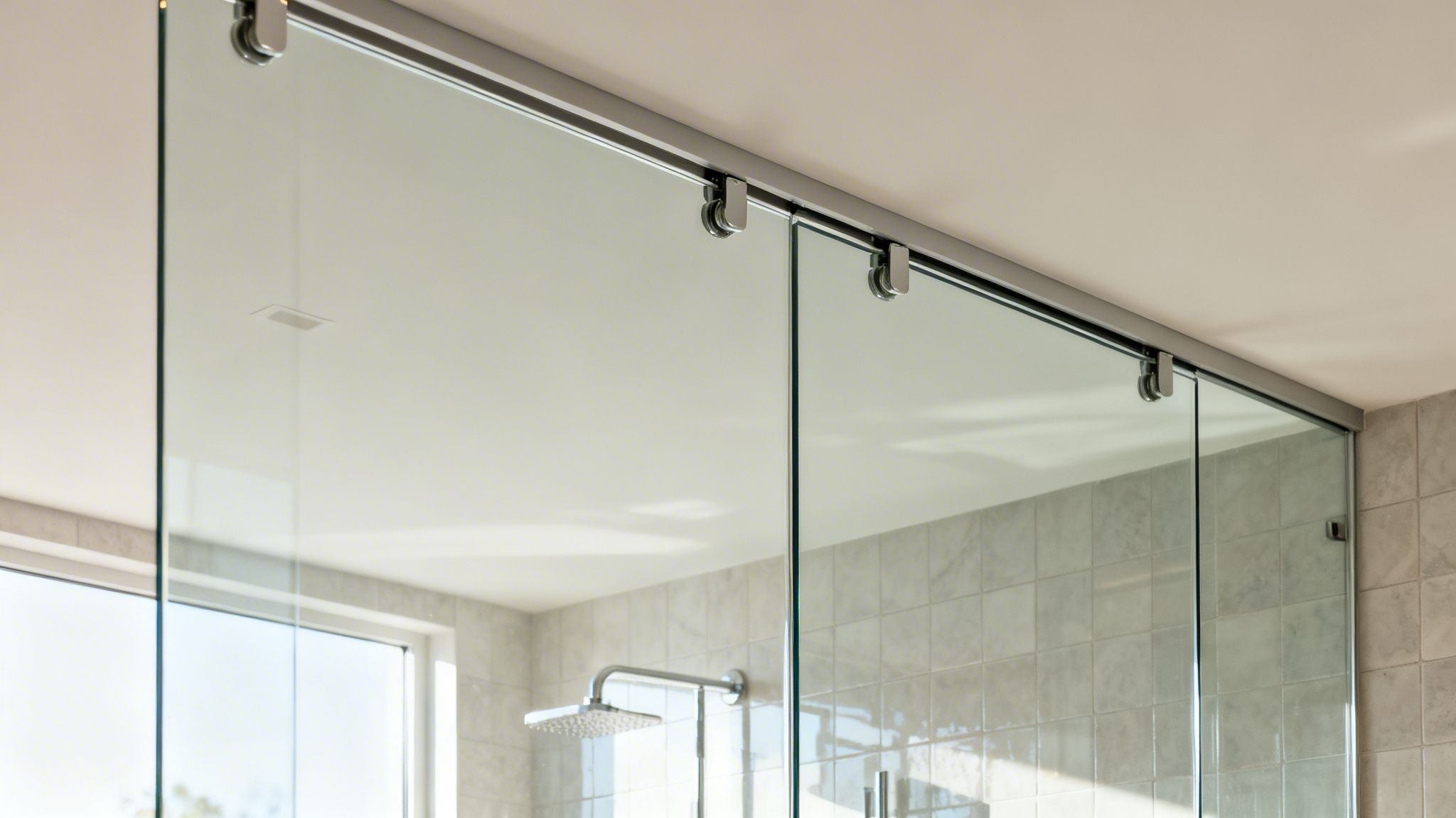Modern frameless bypass shower doors with sliding glass panels in a clean bathroom.