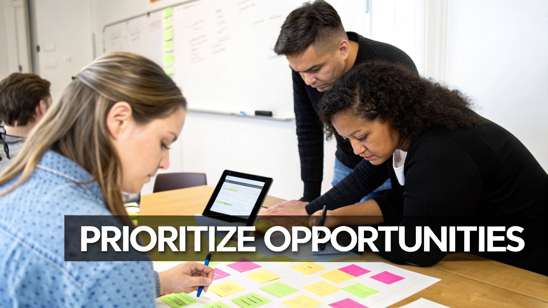 A diverse business team collaborating, prioritizing opportunities using sticky notes and a tablet.